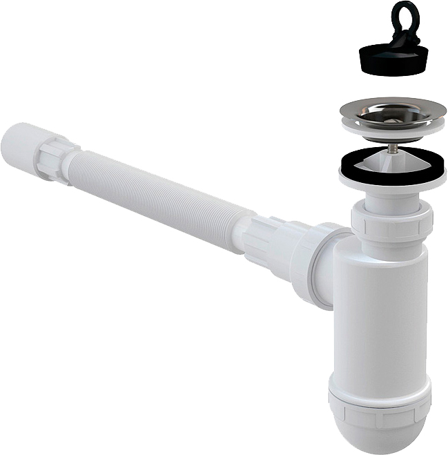 Сифон для раковины AlcaPlast A41+A710 32 мм, бутылочный, хром, с пробкой, с выпуском для раковины