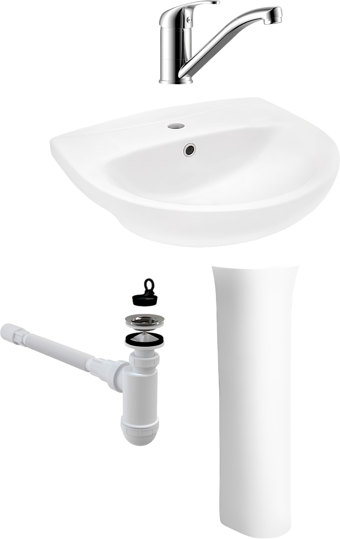 Комплект Раковина Santek Анимо 1WH110502 55 + Пьедестал 1.WH11.0.587 + Смеситель Rossinka Y Y35-22 + Сифон AlcaPlast A41+A710