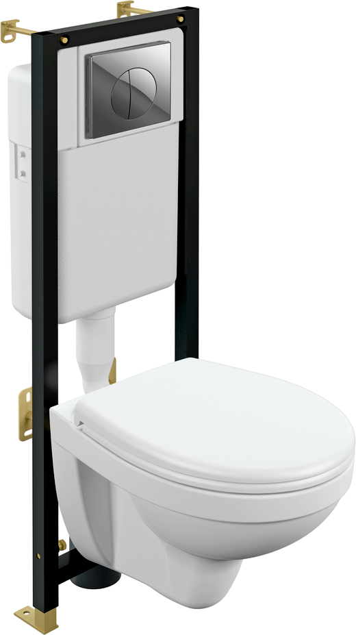 Комплект Cersanit Унитаз подвесной Delfi TPL + Крышка-сиденье Delfi DPL EO slim + Инсталляция Black + Кнопка Leon глянцевый хром