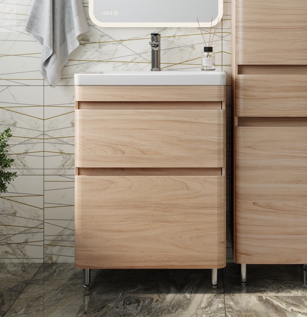 Тумба с раковиной Style Line Атлантика 60 Люкс Plus, напольная, ясень перламутр