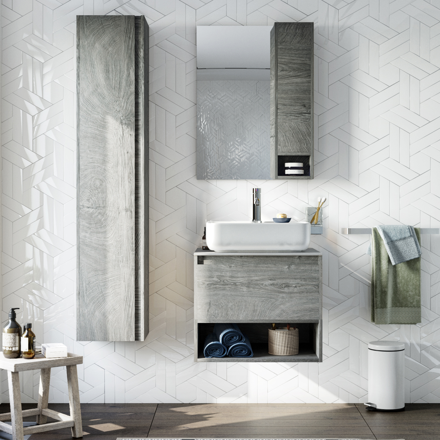 Мебель для ванной комнаты STWORKI Карлстад 60 дуб рошелье, монте тиберио, в стиле лофт, подвесная (комплект, гарнитур)