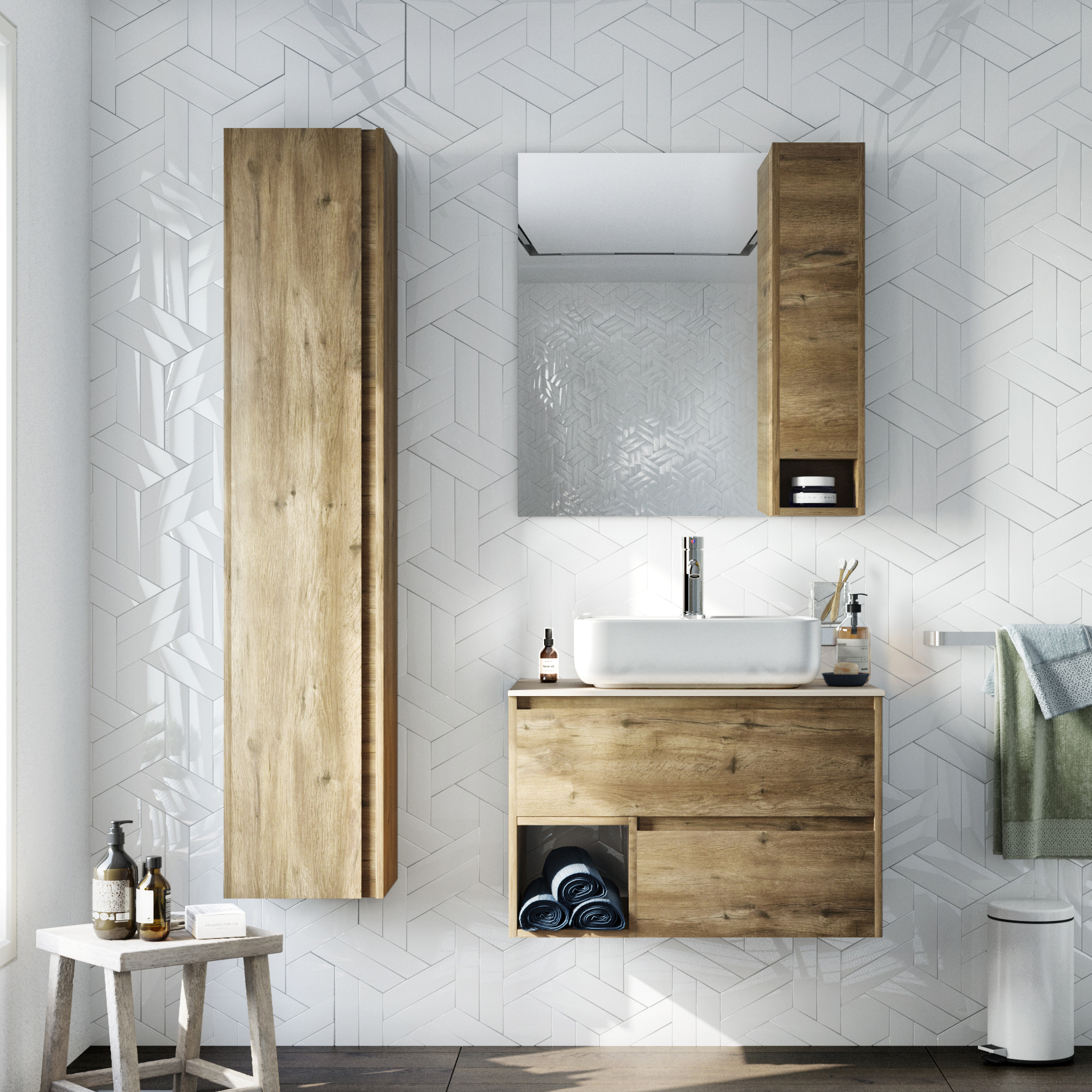 Мебель для ванной комнаты STWORKI Карлстад 75 дуб рустикальный, простоун беж, в стиле лофт, под дерево, российская