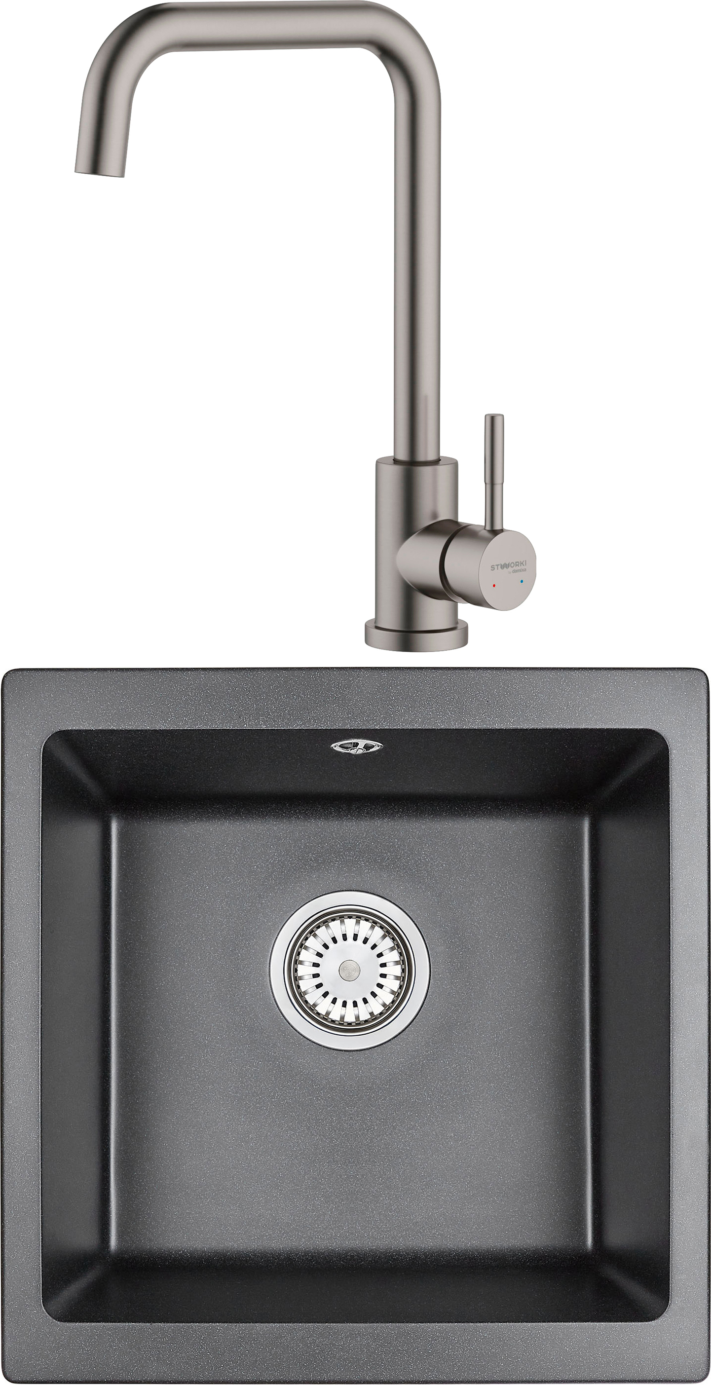Комплект Мойка Granula 4451, черный + Смеситель STWORKI HSTW07100 никель, однорычажный, с поворотным изливом, с аэратором, матовый