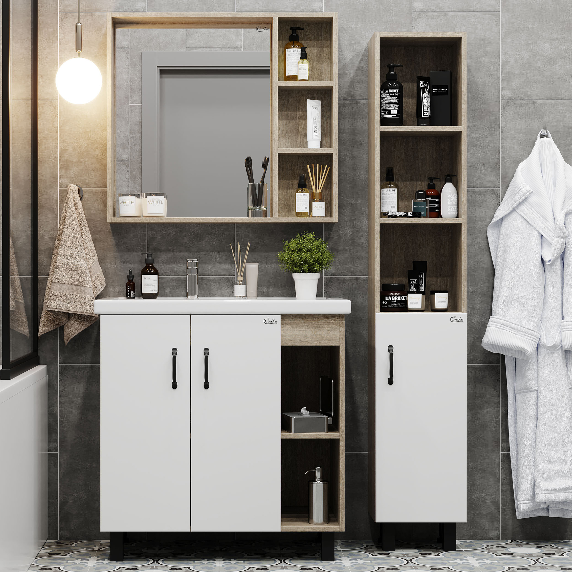 Мебель для ванной комнаты Onika Тимбер 80.10 R, белая, дуб сонома