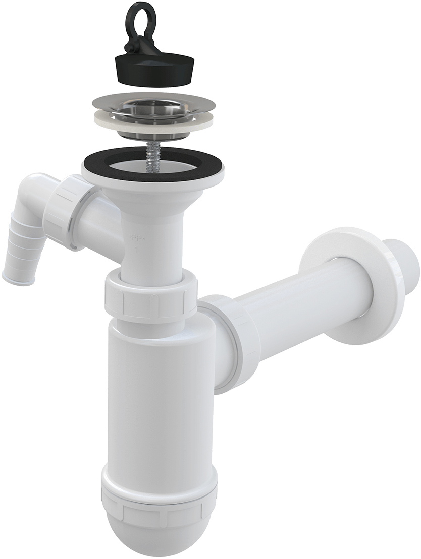 Сифон для раковины AlcaPlast A41P 32 мм, бутылочный, хром, с пробкой, с выпуском для раковины, с отводом для подключения бытовой техники