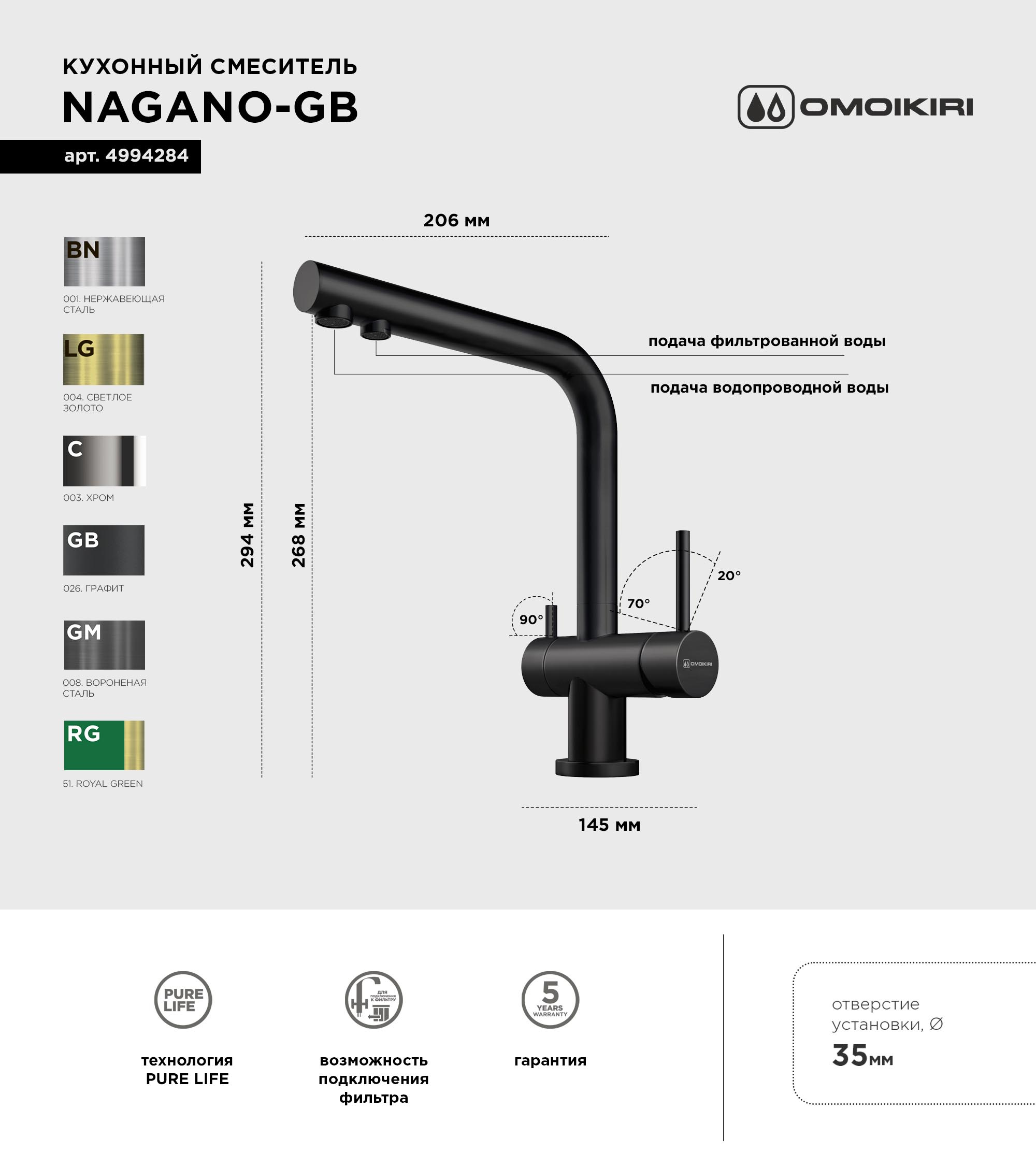 Смеситель для кухни Omoikiri Nagano GB графит