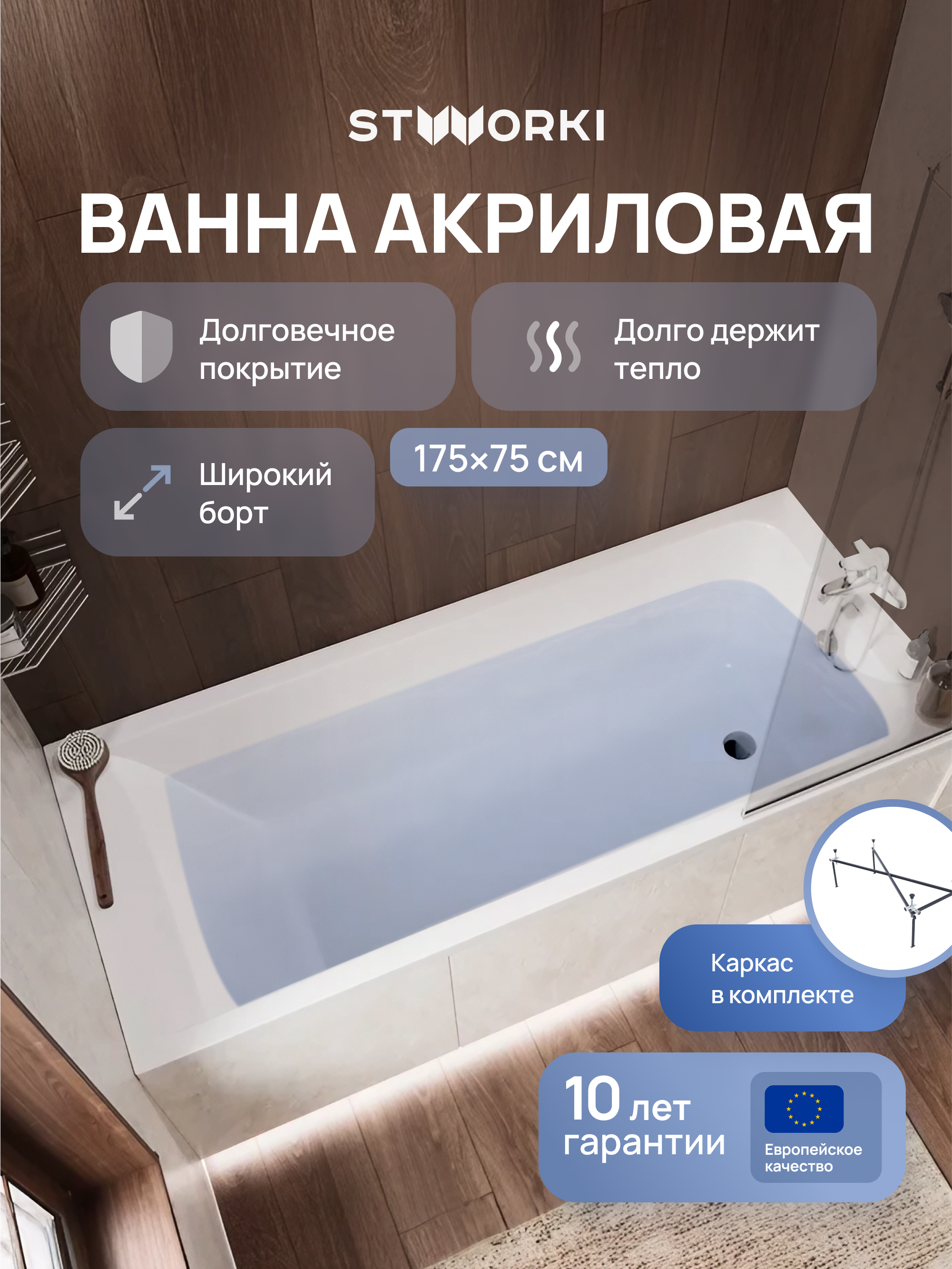 Акриловая ванна STWORKI Стокгольм 175x75 см, встраиваемая, белая, с каркасом