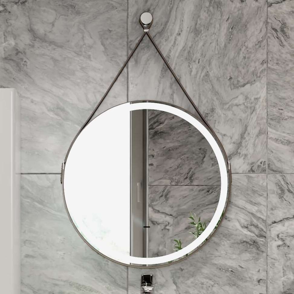 Зеркало круглое Jorno Wood 60 с подсветкой, кожаный ремень