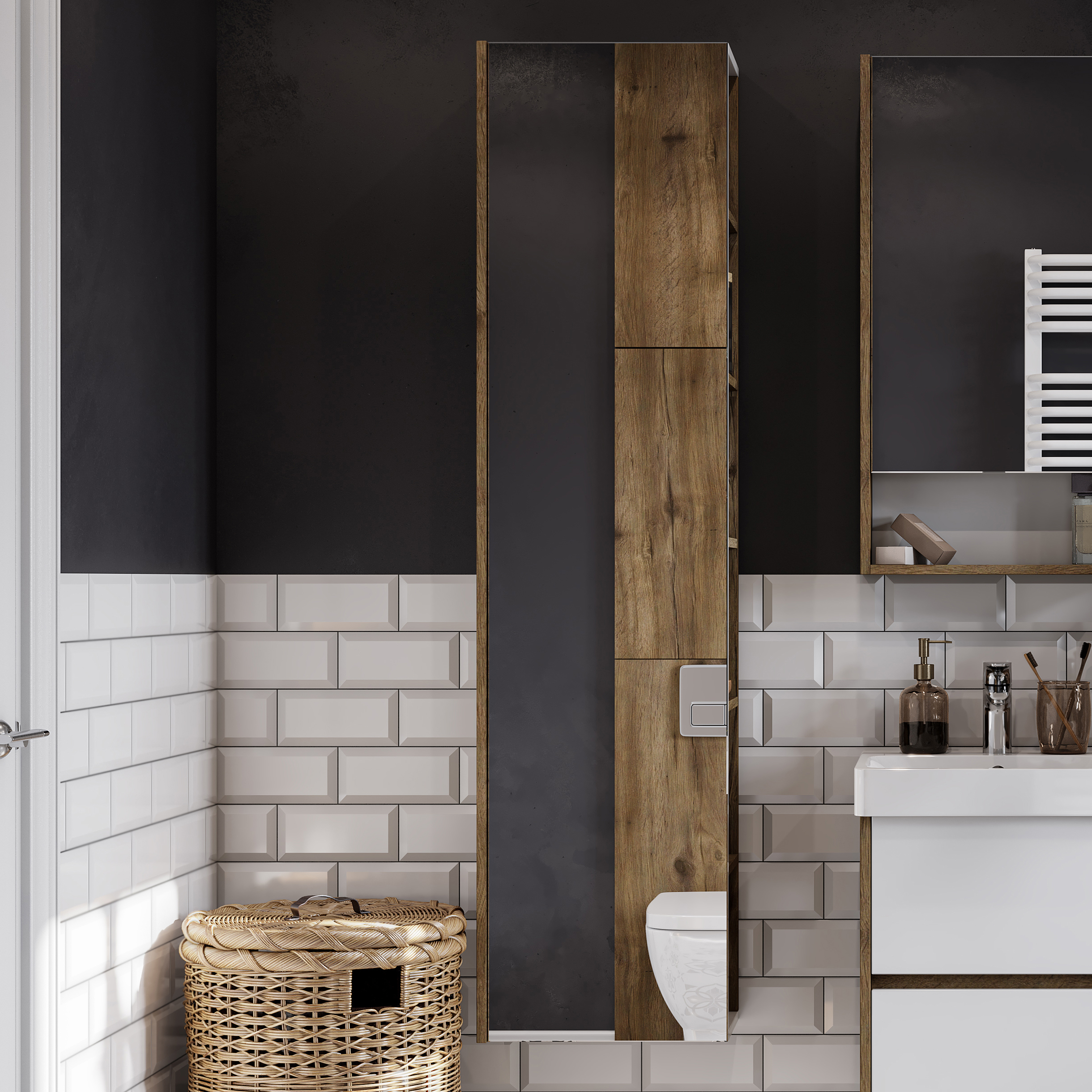 Шкаф-пенал для ванной с зеркалом AQUATON Сканди дуб рустикальный