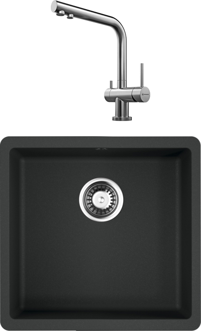 Комплект Мойка Omoikiri Kata 44-U-BL, черная + Смеситель Nagano BN, нержавеющая сталь