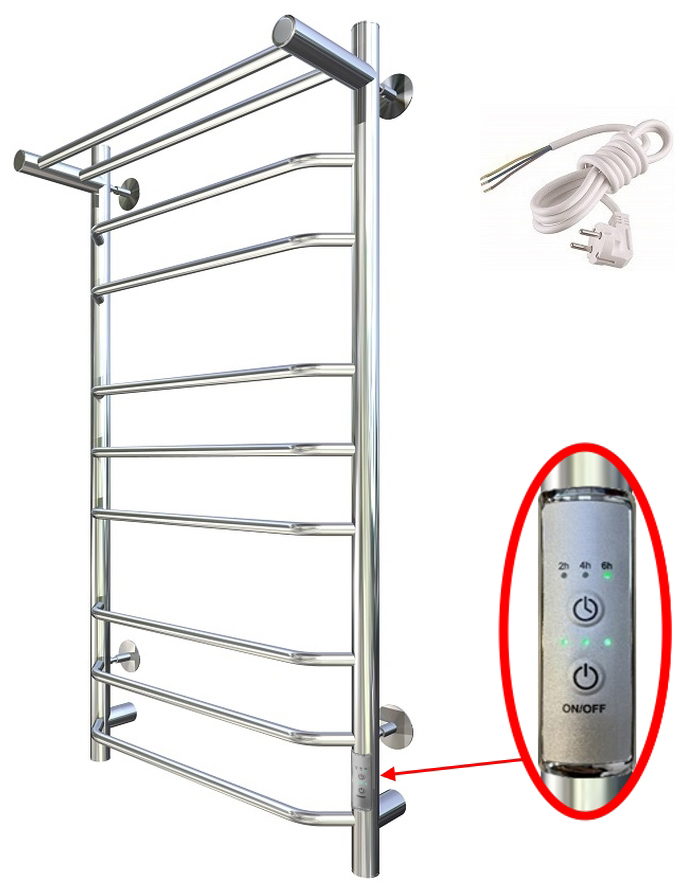 Полотенцесушитель электрический Тругор Браво ПЭК СП3П 100x55 см, подключение справа, слева, глянцевый хром, лесенка, с полкой