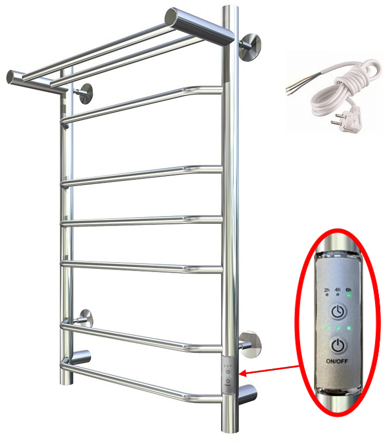 Полотенцесушитель электрический Тругор Браво ПЭК СП3П 80x55 см, подключение справа, слева, глянцевый хром, лесенка, с полкой