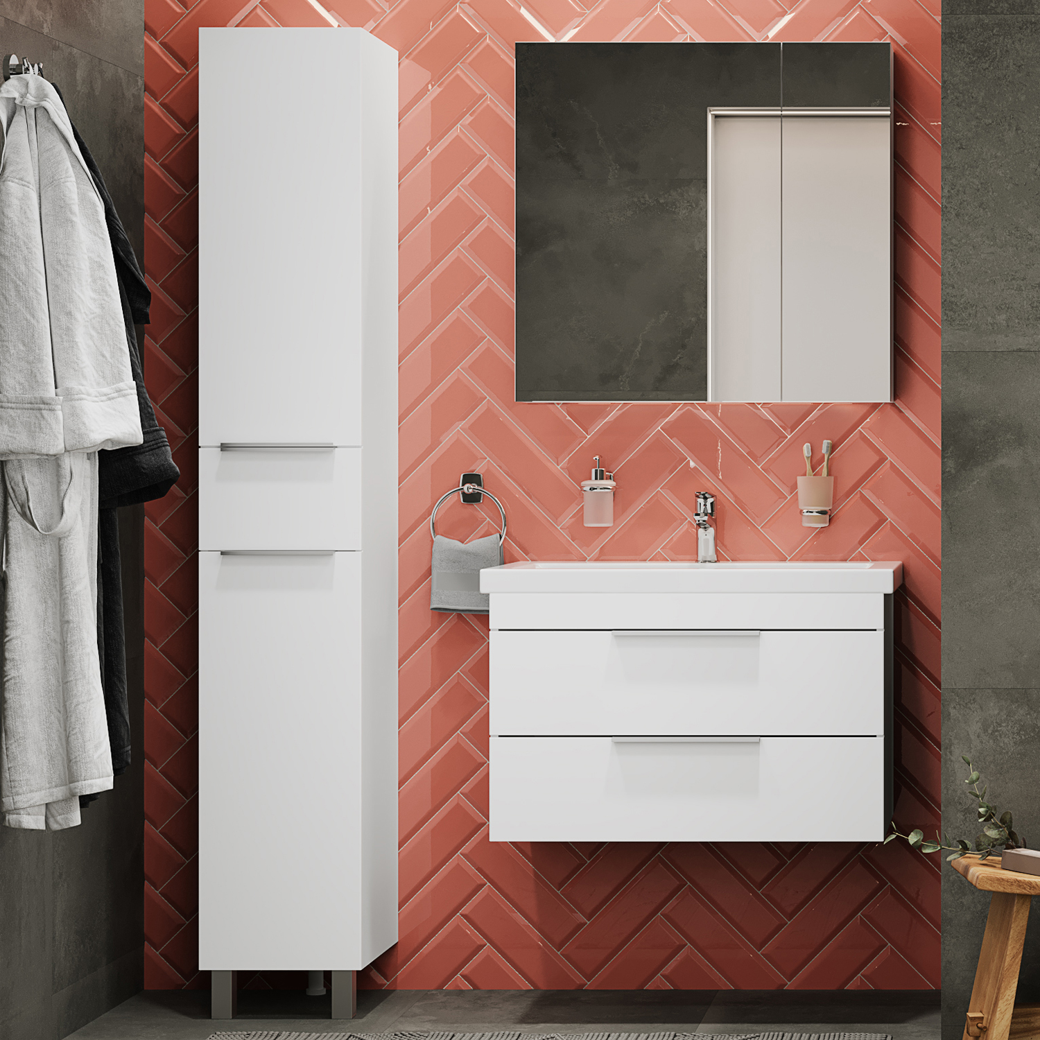 Мебель для ванной комнаты STWORKI Копенгаген 80 белая, в современном стиле, подвесная, российская (гарнитур, комплект)