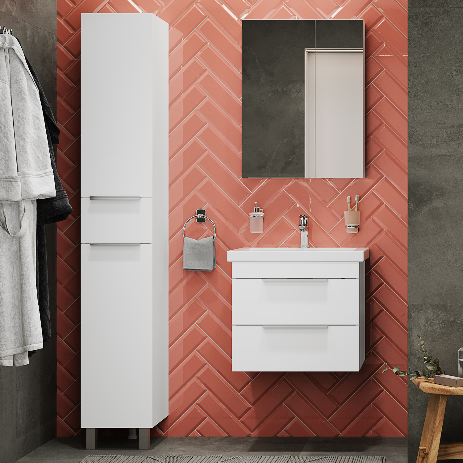 Мебель для ванной комнаты STWORKI Копенгаген 60 белая, подвесная, в современном стиле, российская (гарнитур, комплект)