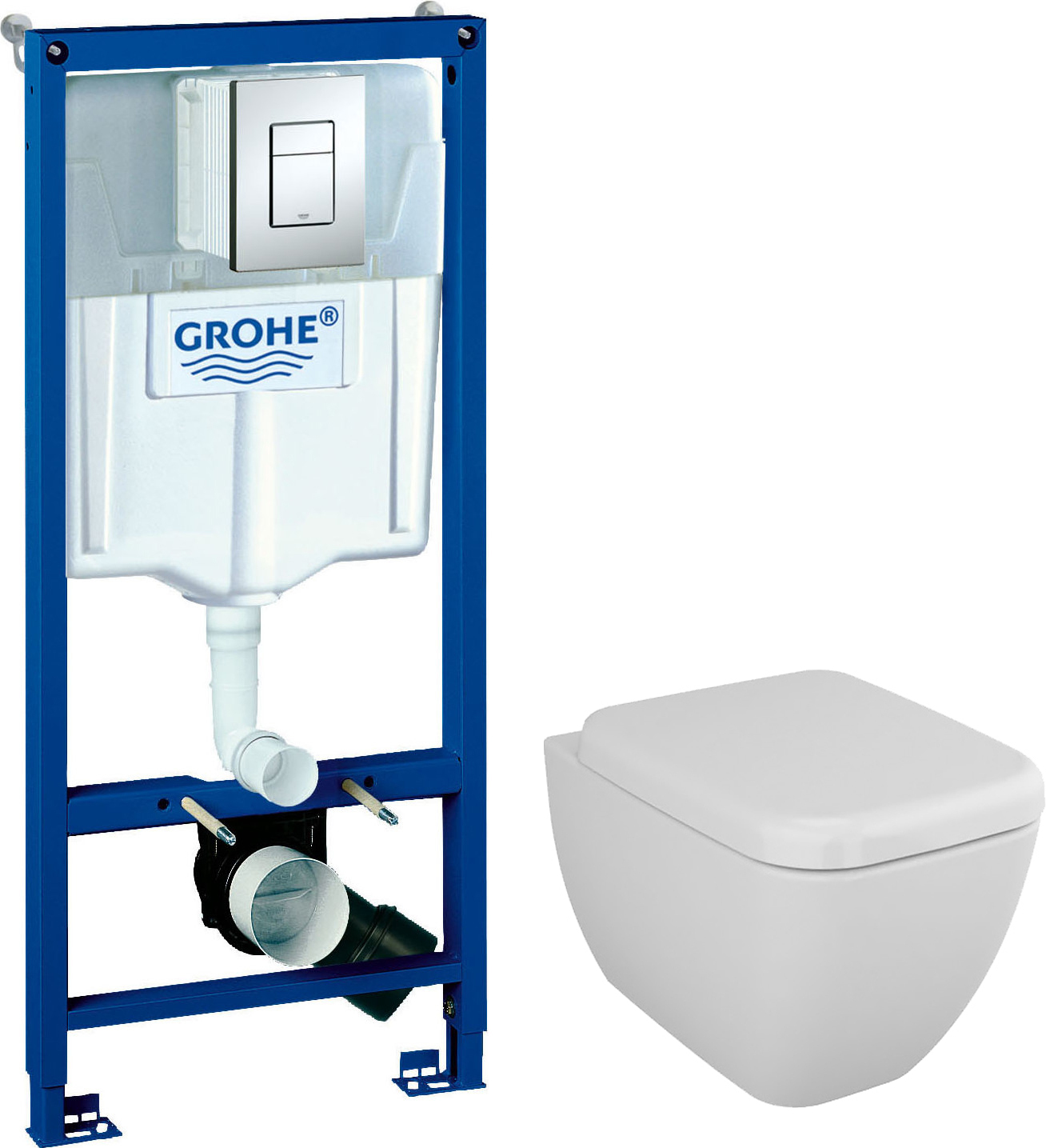 Комплект 3 в 1 Унитаз подвесной VitrA Shift 7742B003-0075 белая глянцевая + Сиденье 91-003-009 с микролифтом, петли хром + Инсталляция с кнопкой Grohe Rapid SL 38772001 цвет хром