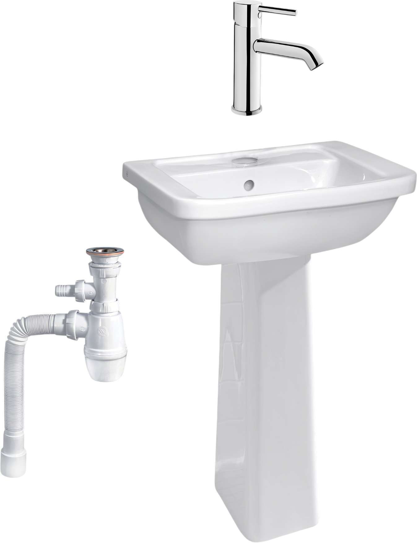 Комплект 3 в 1 Раковина VitrA Form 300 9602B003-7650 55 глянцевая белая + Смеситель Minimax S A41984EXP + Сифон Wirquin Минор 30718052 бутылочный, белый