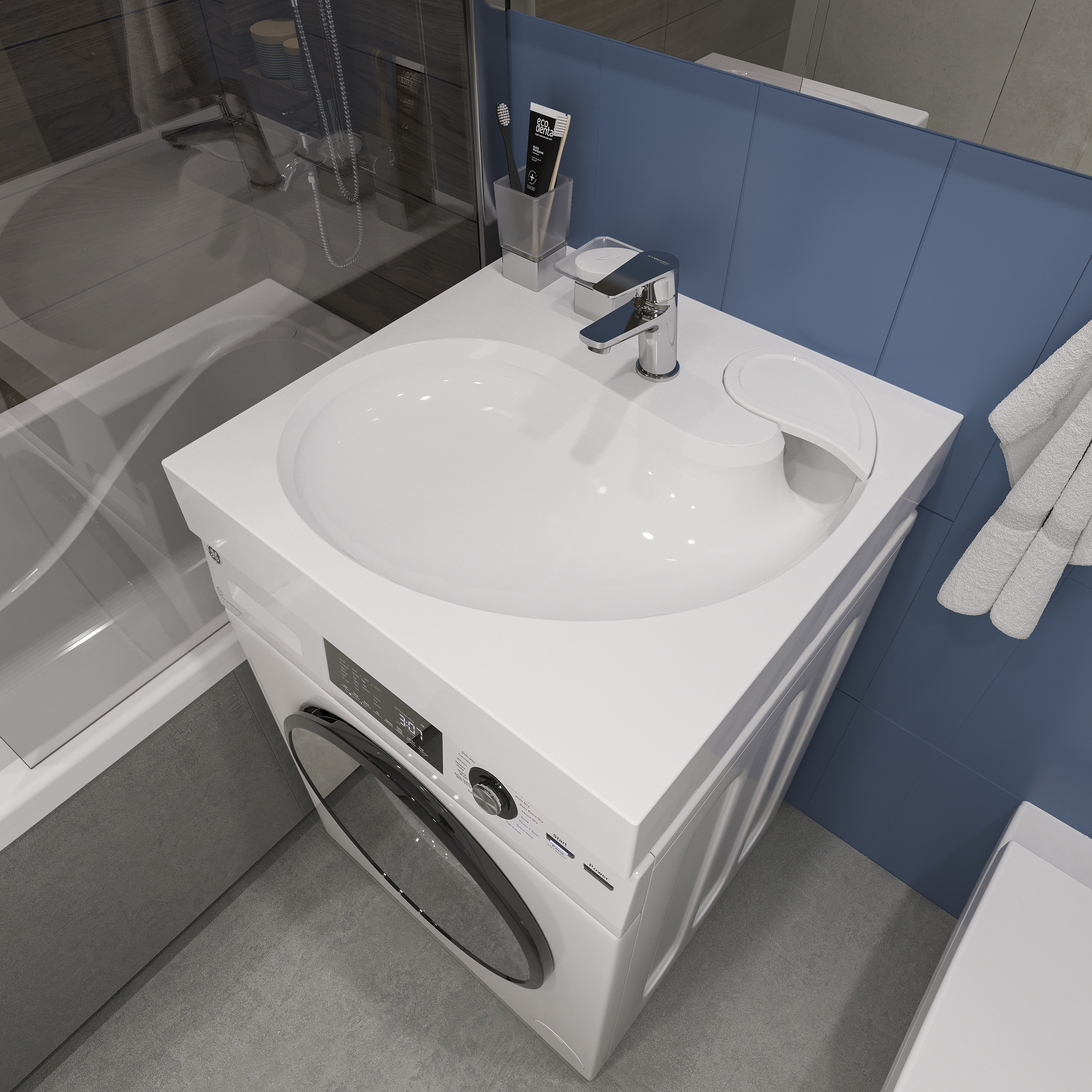 Раковина над стиральной машиной STWORKI Дублин 60x60 глянцевая белая, квадратная, литьевой мрамор, с комплектом кронштейнов