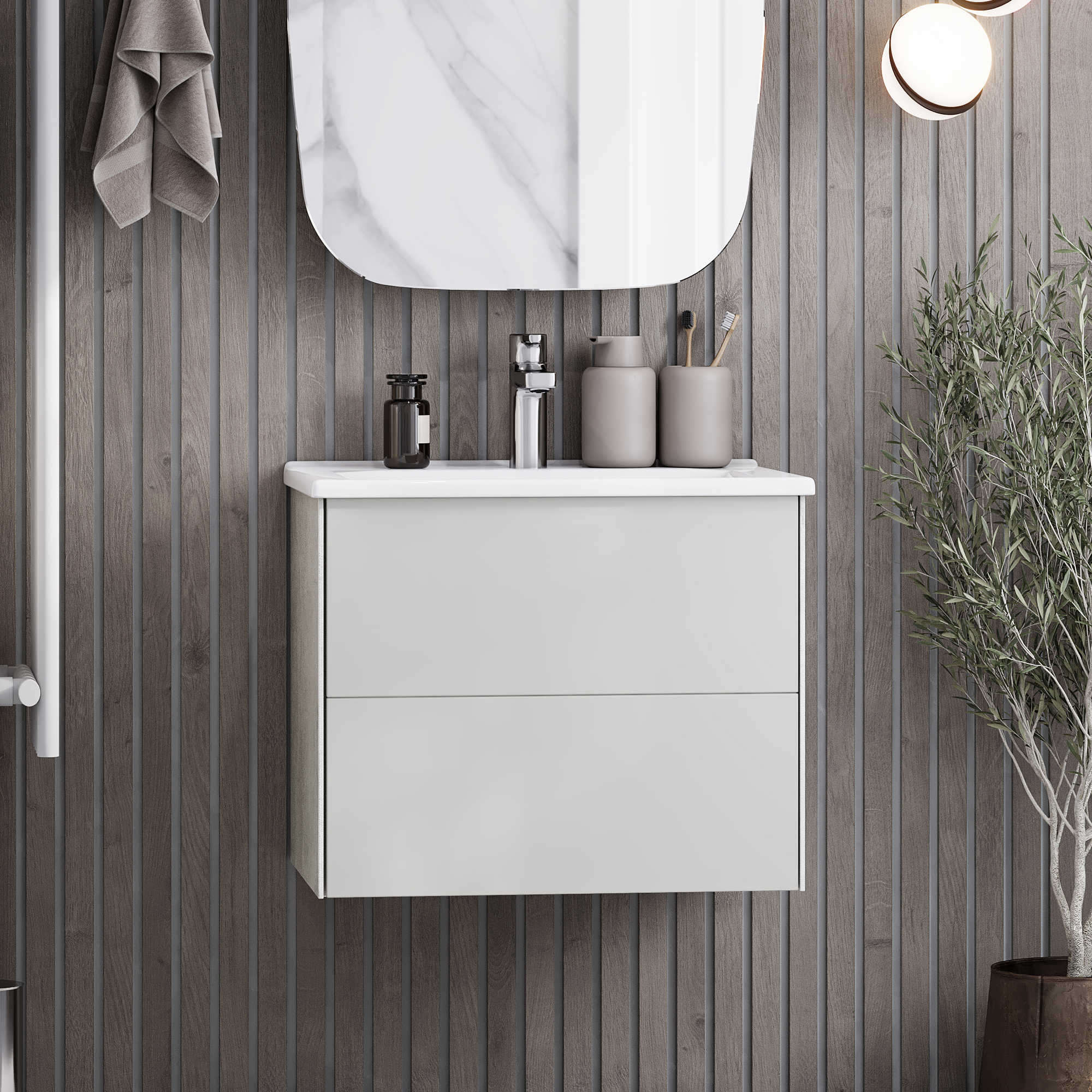 Тумба с раковиной AQUATON Сохо 60 слэйт, галька серая