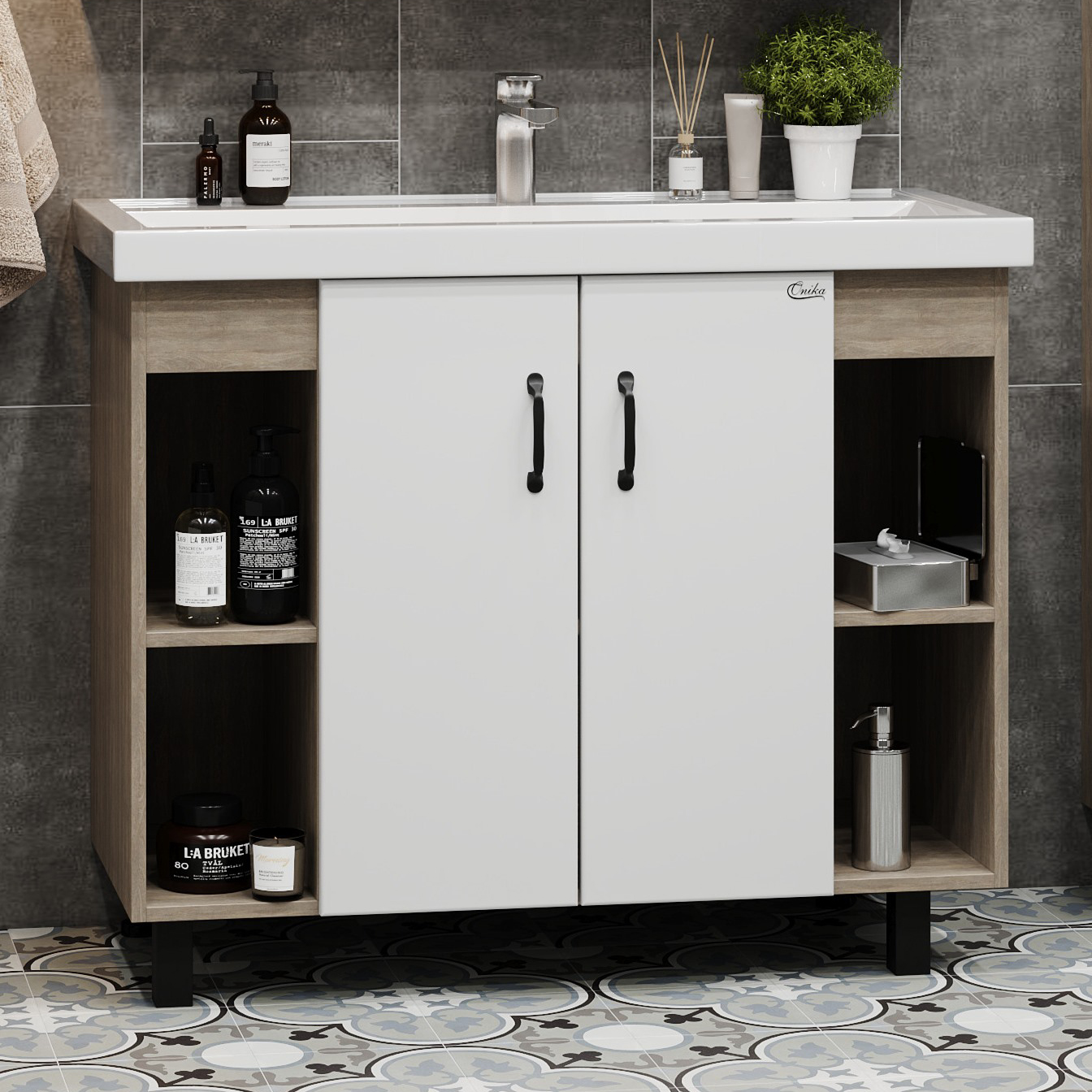 Тумба под раковину без столешницы Onika Тимбер белая матовая, дуб сонома