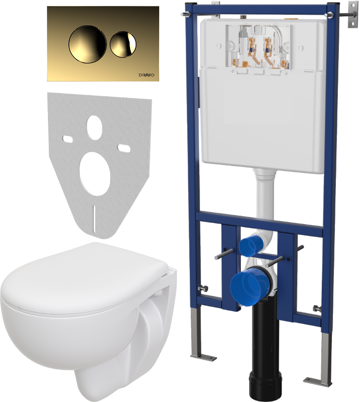 Комплект 4 в 1 Унитаз подвесной Seramiksan Natura A051041H + Сиденье AG50002 + Инсталляция DIWO 4501 + Кнопка 7315 цвет матовое золото