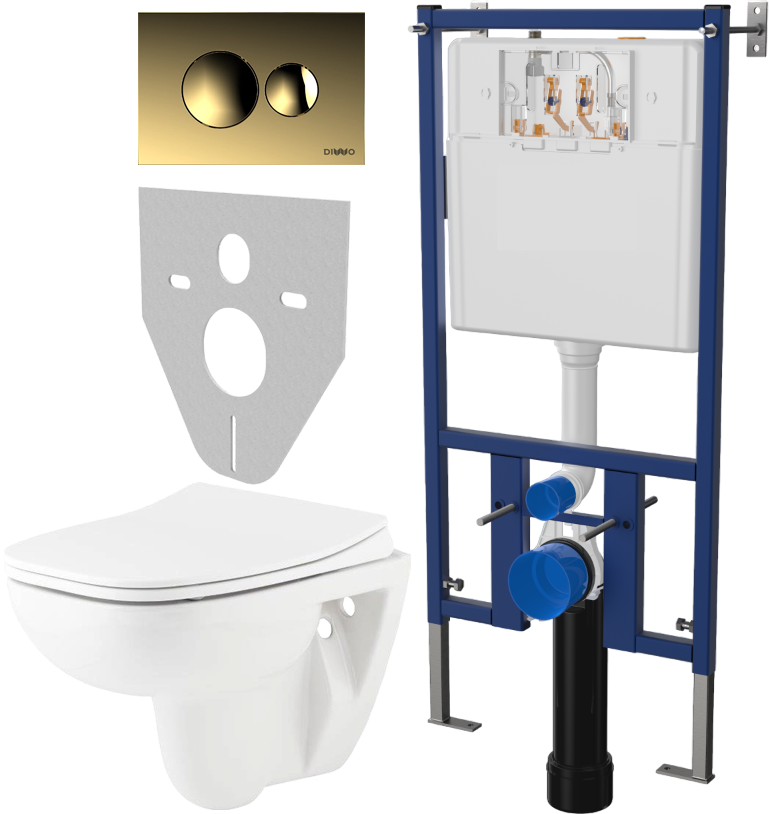 Комплект 4 в 1 Унитаз подвесной Seramiksan Petite A101002H + Сиденье AG50006 с микролифтом + Инсталляция DIWO 4501 + Кнопка 7315 цвет матовое золото