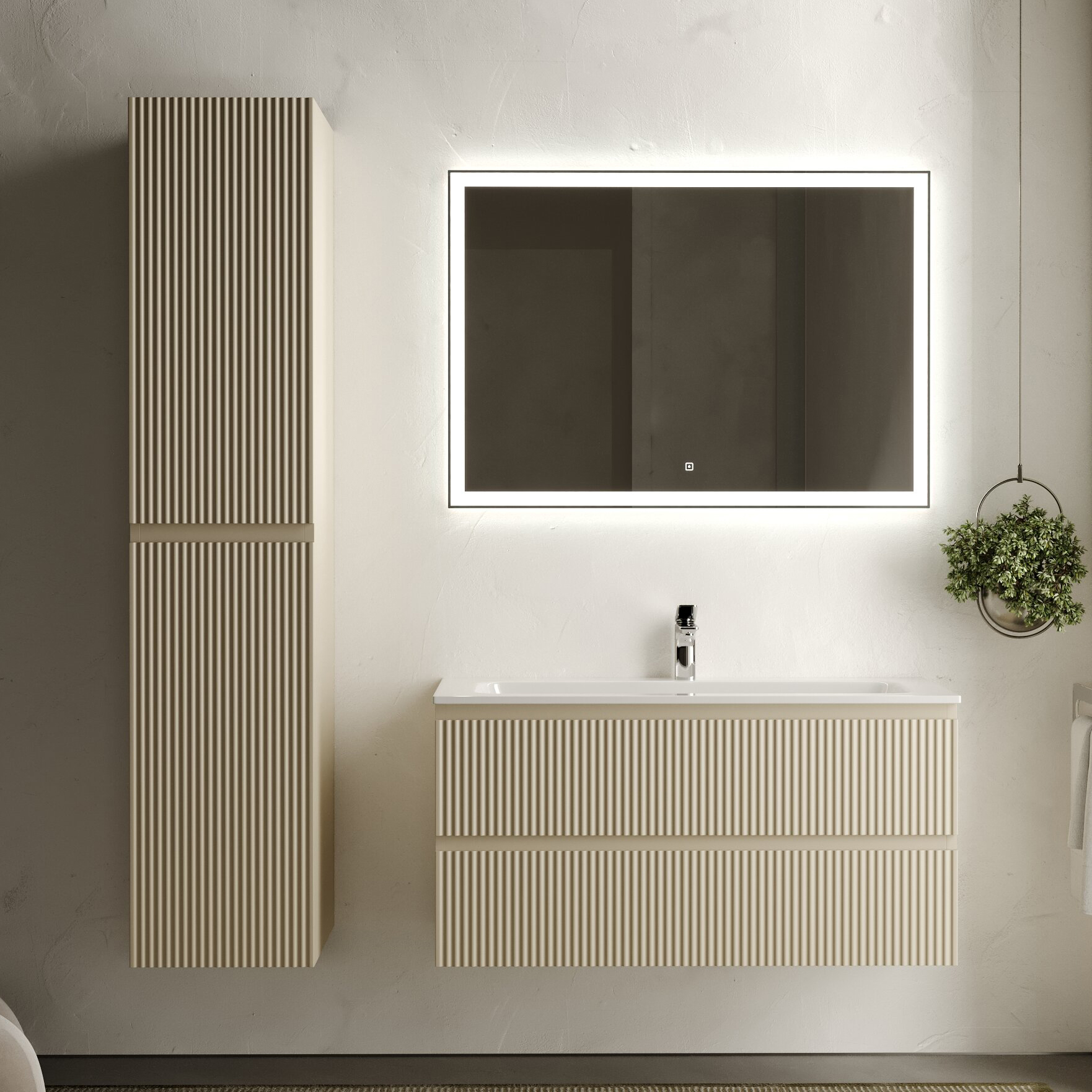 Мебель для ванной комнаты Sancos Сноб Р (Snob R) 100 см, матовая бежевая (beige soft), раковина Grace CN7013