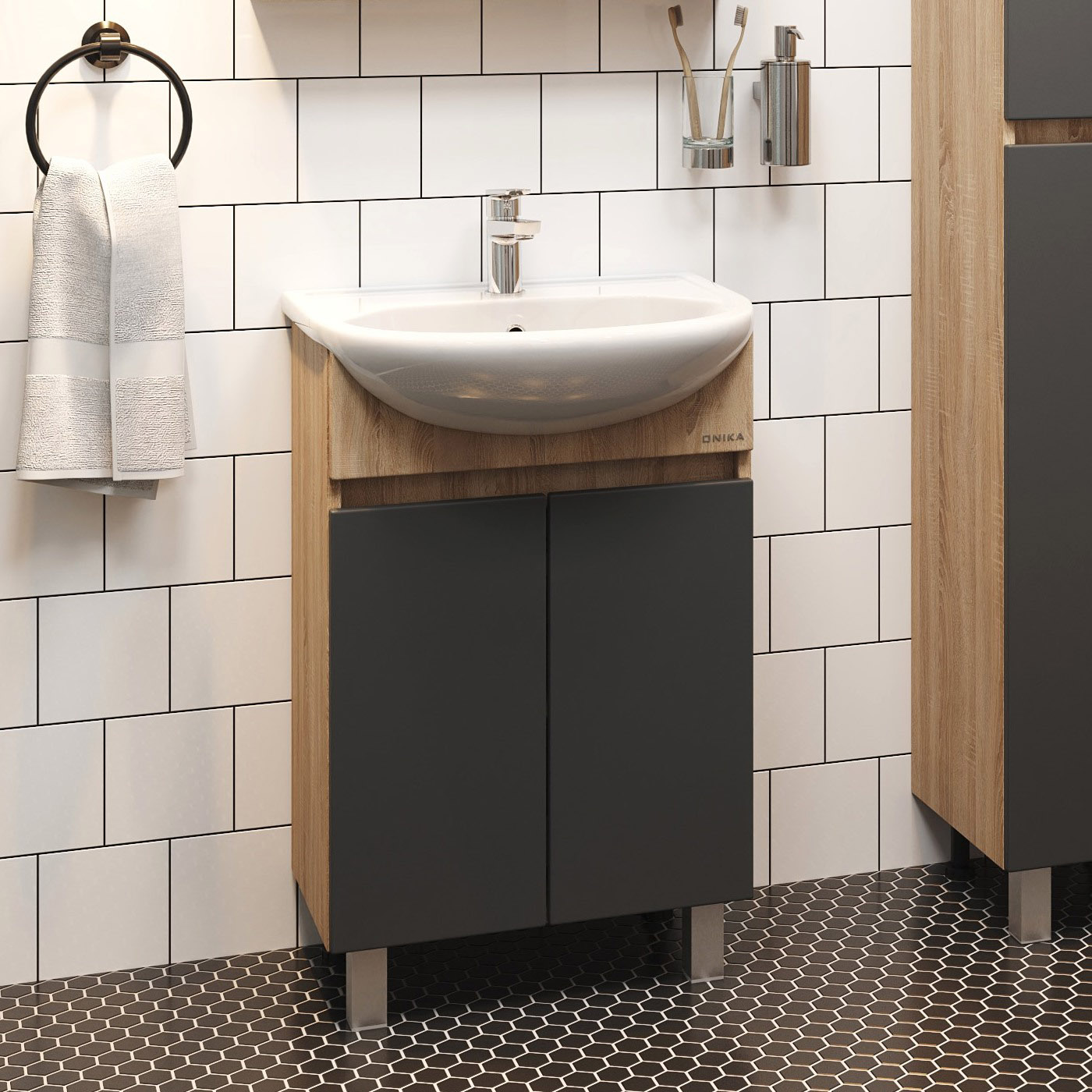 Тумба с раковиной Onika Милтон 50 напольная, серая, дуб сонома