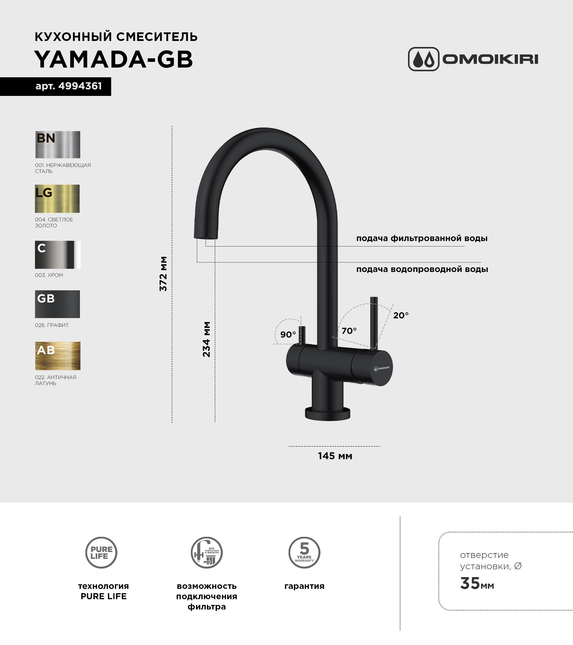 Смеситель для кухни Omoikiri Yamada GB графит