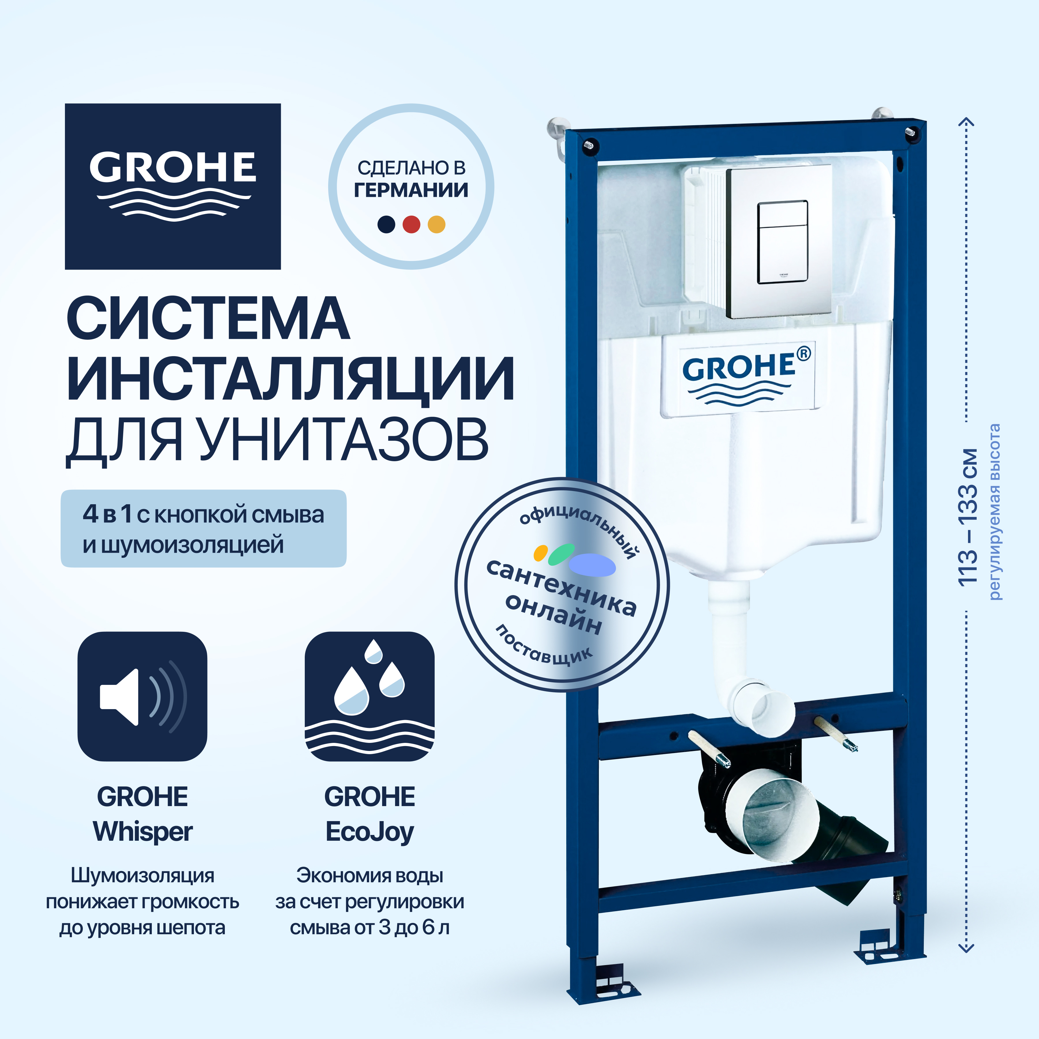 Комплект Инсталляция с кнопкой Grohe Rapid SL 38772001 цвет хром + Звукоизоляция