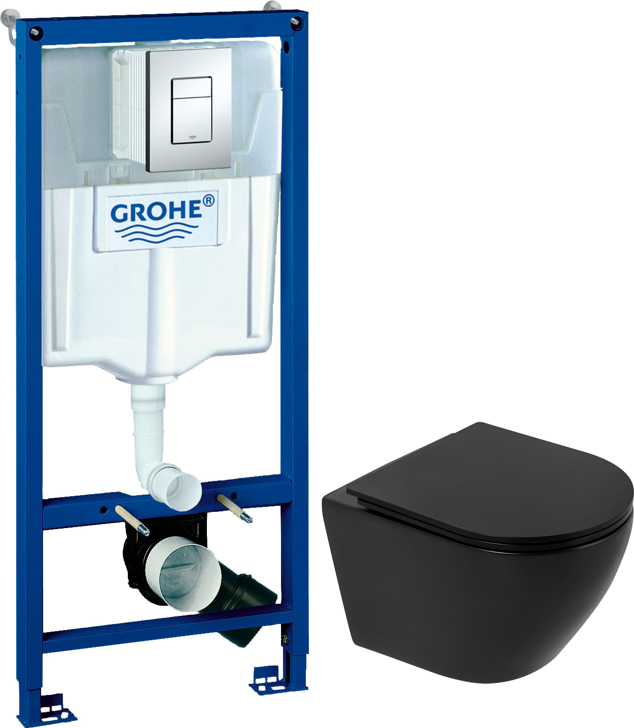 Комплект 3 в 1 Унитаз подвесной BelBagno Colorato BB062CHR-MB матовый черный + Сиденье BB062SC-MB матовая черная + Инсталляция с кнопкой Grohe Rapid SL 38772001 цвет хром