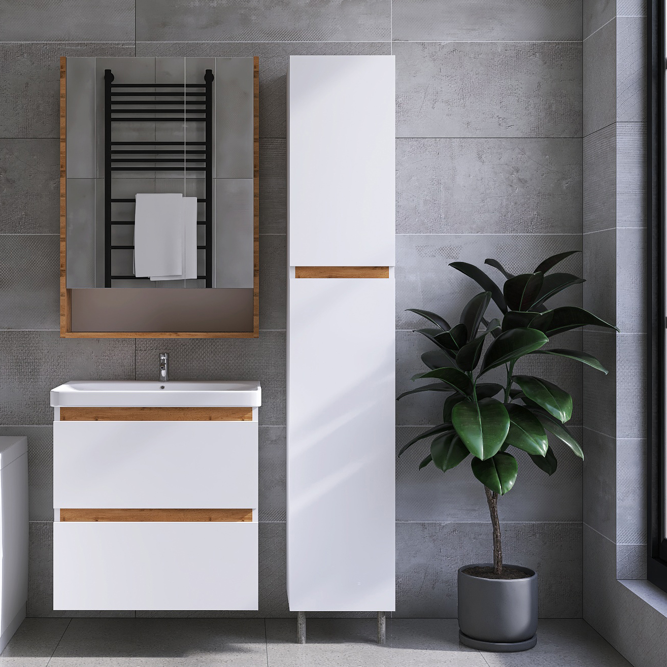 Шкаф-пенал для ванной VIANT Мальта белый, дуб вотан