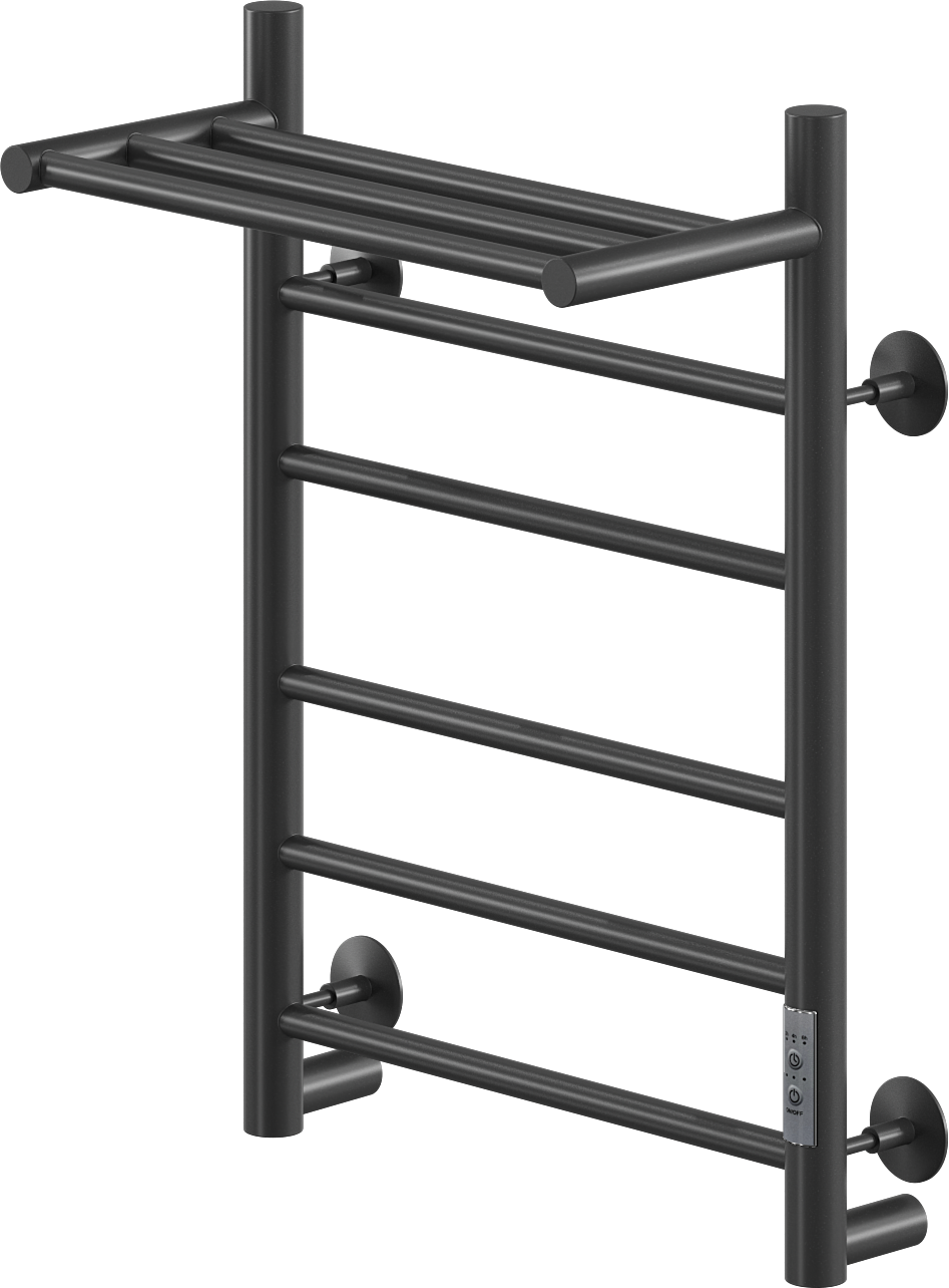Полотенцесушитель электрический Ника Way 2 60x45 см, подключение справа, слева, скрытое подключение справа, матовый черный RAL9005, лесенка, из стали, с полкой