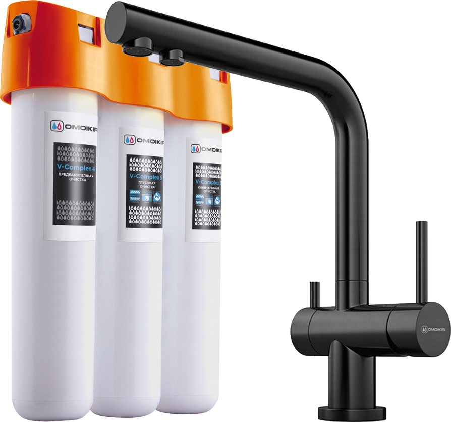 Комплект Смеситель Omoikiri Nagano PVD-GM, вороненая сталь + Фильтр Pure Drop Lite