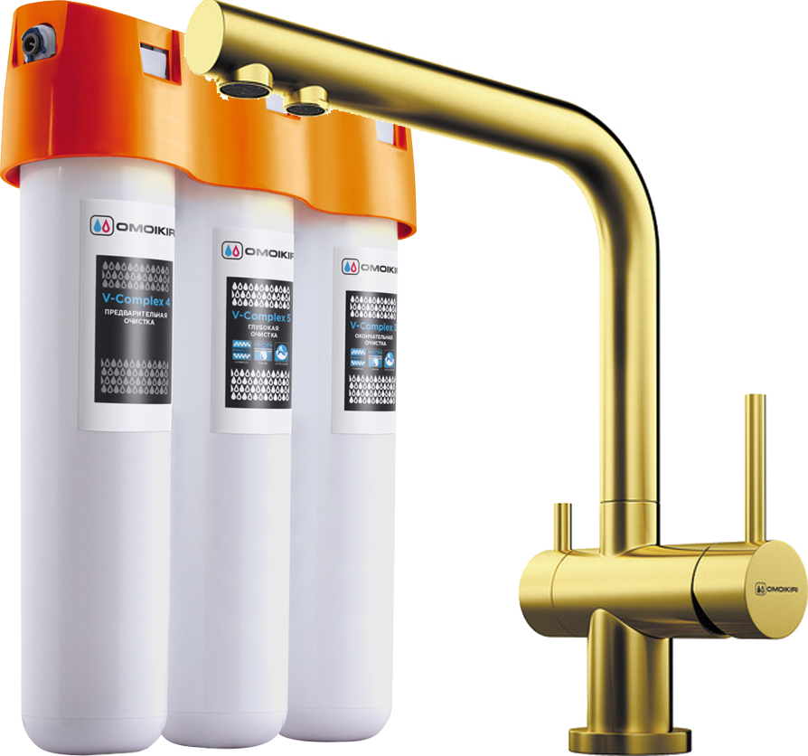 Комплект Смеситель Omoikiri Nagano PVD-G, светлое золото + Фильтр Pure Drop Lite