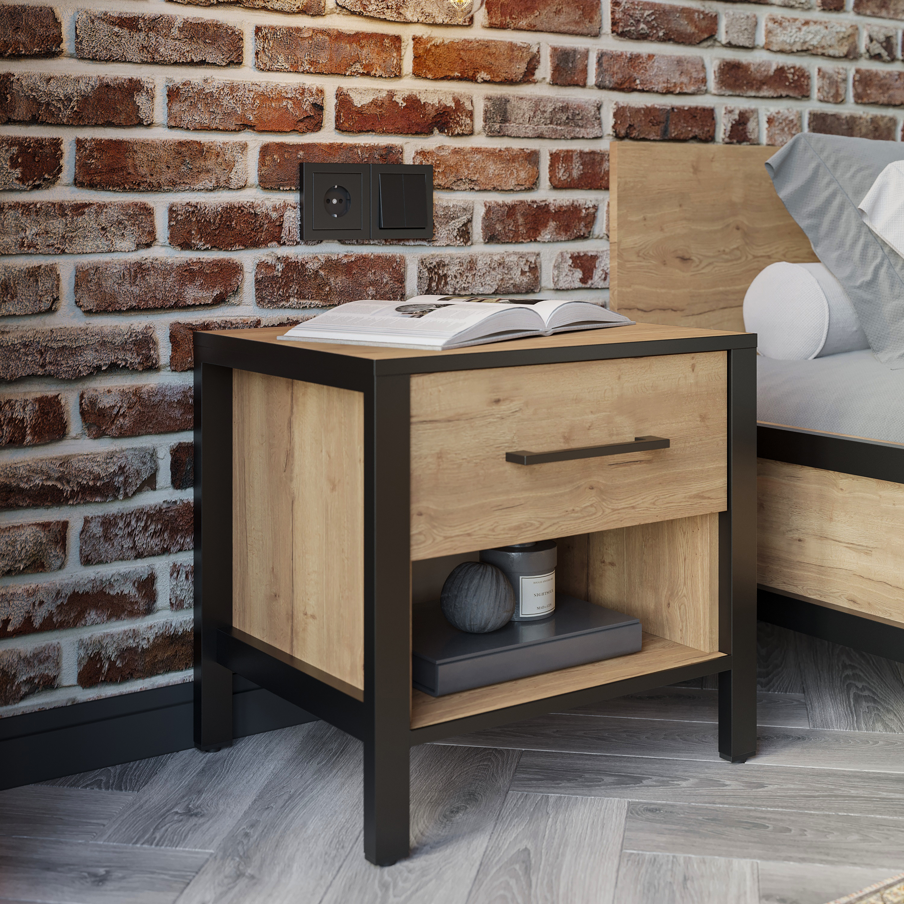 Прикроватная тумба DIWO Элиста дуб крафт золотой, черный