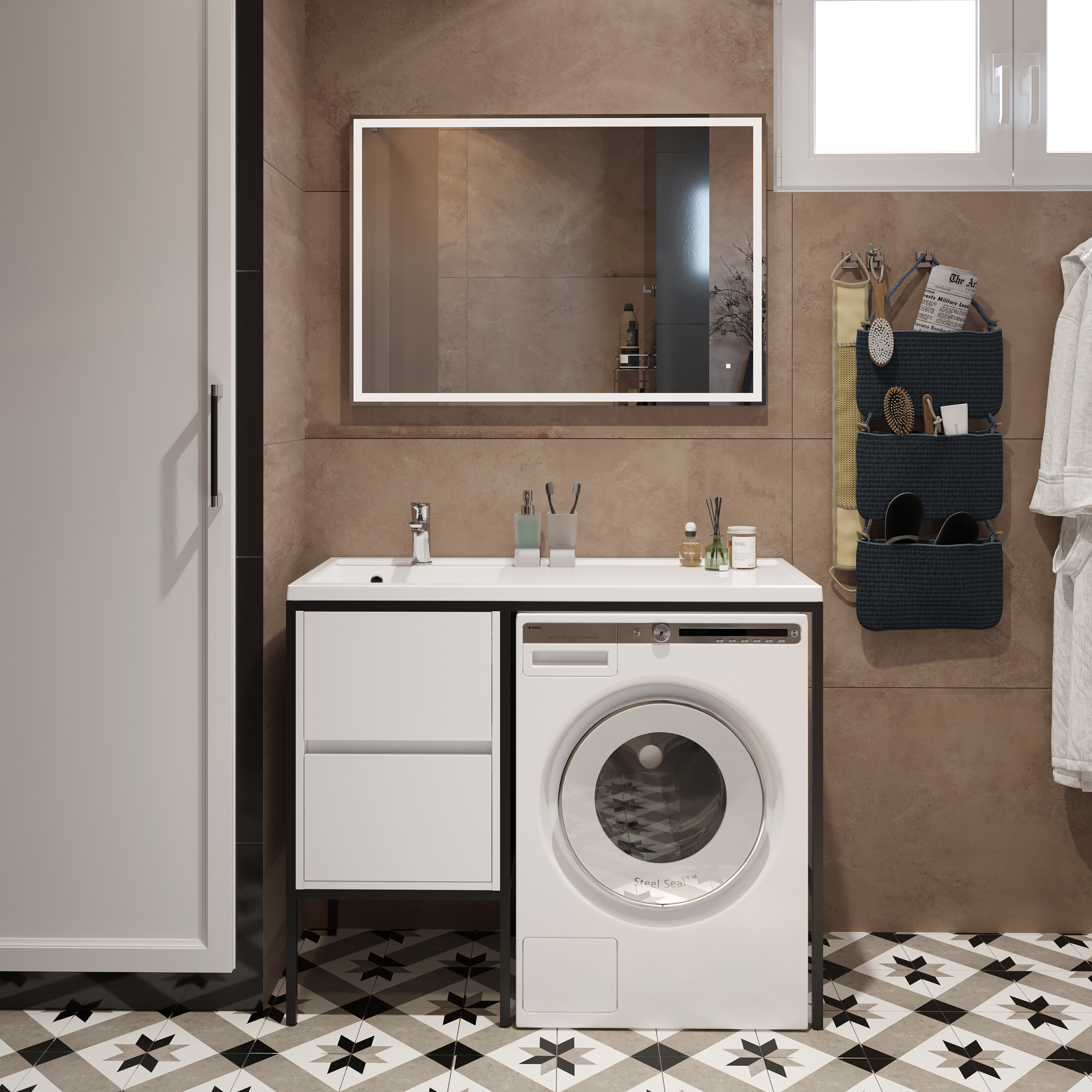 Раковина над стиральной машиной STWORKI Флом 110 L глянцевая белая, прямоугольная, литьевой мрамор, со столешницей справа, с кронштейном