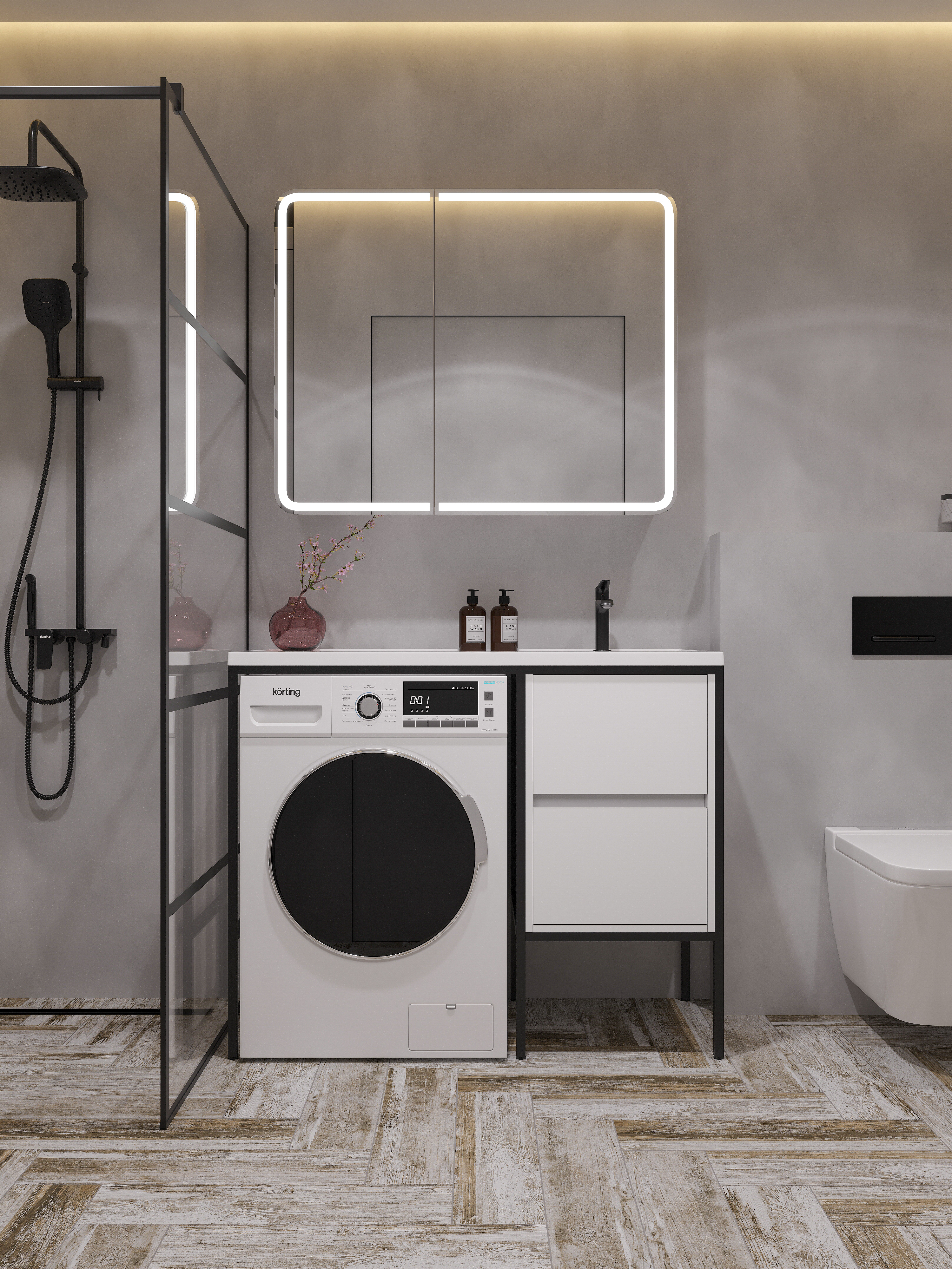 Раковина над стиральной машиной STWORKI Флом 110 R глянцевая белая, прямоугольная, литьевой мрамор, со столешницей слева, с кронштейном