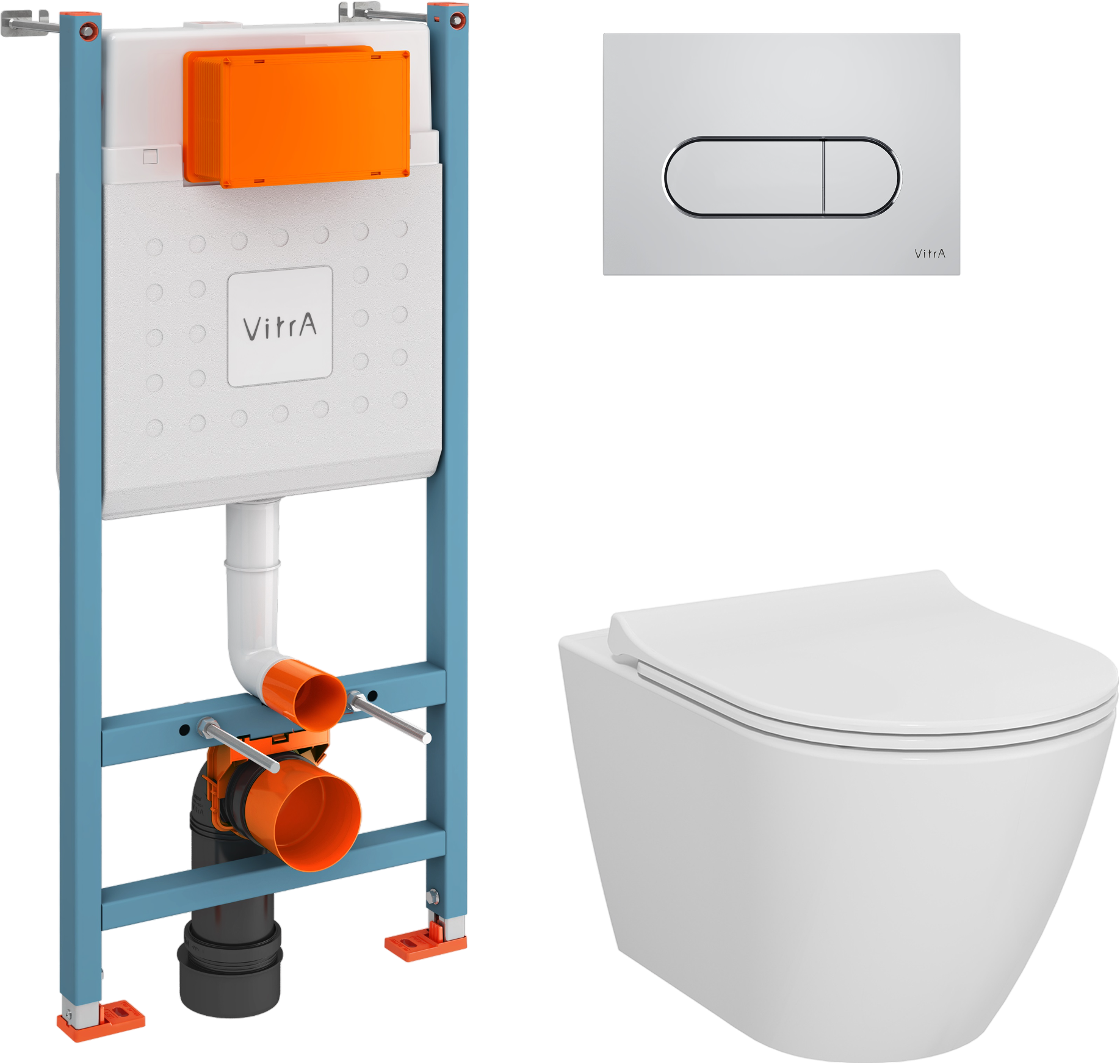 Комплект Унитаз подвесной VitrA Sanibelle белый глянцевый + Крышка с микролифтом, петли хром + Инсталляция VitrA V-Fix Core + Кнопка смыва Root Square 740-2380 хром