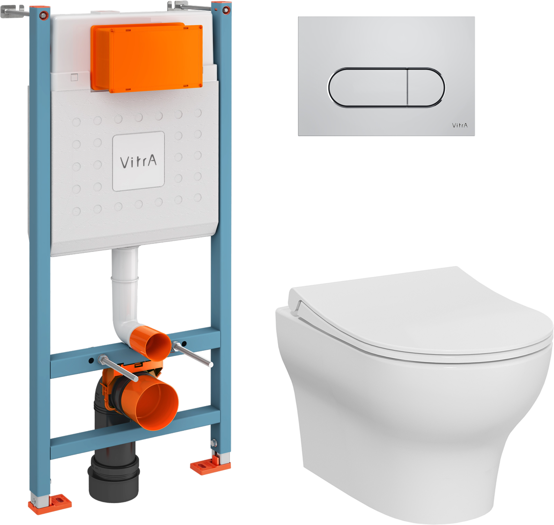 Комплект Унитаз подвесной VitrA Zentrum Round белый глянцевый + Крышка с микролифтом, петли хром + Инсталляция VitrA V-Fix Core + Кнопка смыва Root R 740-2280 хром