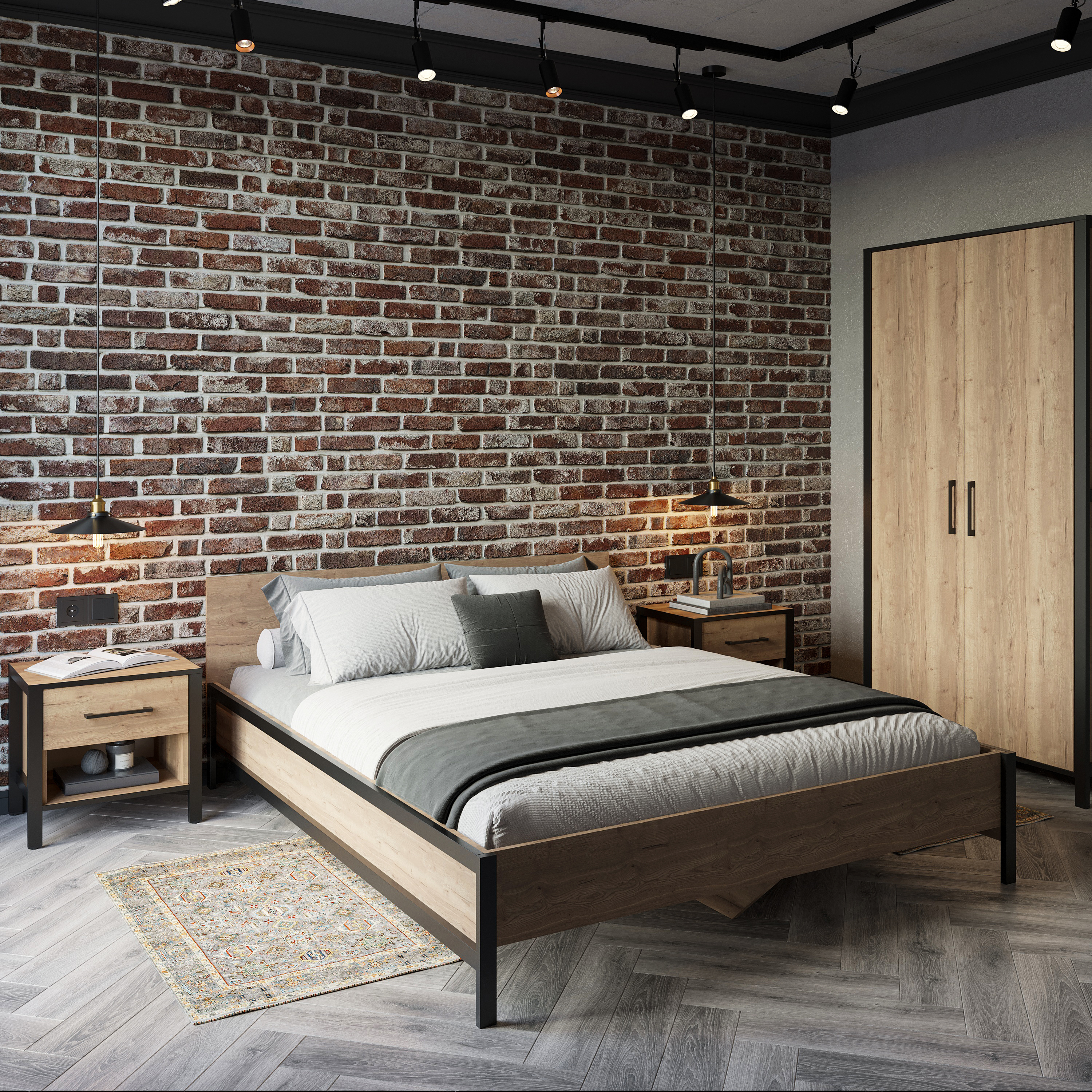 Спальный гарнитур DIWO Элиста 160x200 с прикроватными тумбами, дуб крафт золотой, черная