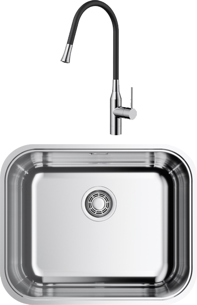 Комплект Мойка Omoikiri Omi 54-U/IF-IN, нержавеющая сталь + Смеситель Yatomi BN-BL, с гибким изливом нержавеющая сталь, черный