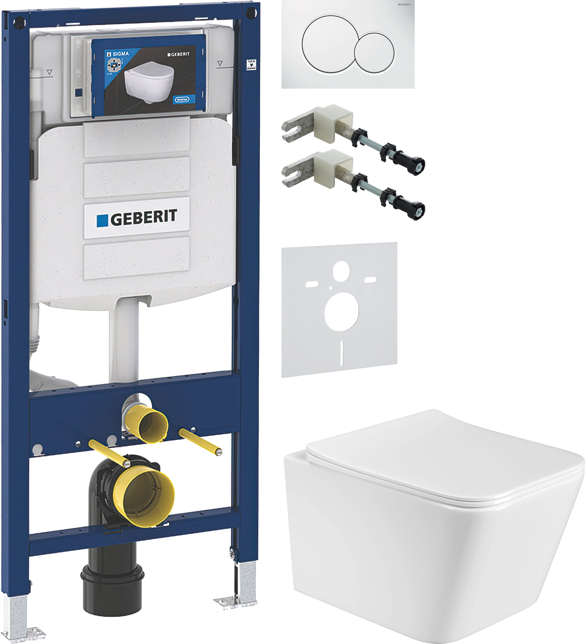 Комплект 5 в 1 Унитаз подвесной BOND Cube F04-10 + Крепления Geberit Duofix 111.815.00.1 к стене + Звукоизоляция 156.050.00.1 + Инсталляция UP 320 111.300.00.5 (111.950.00.6) + Кнопка Sigma 01 115.770.11.5 цвет белый