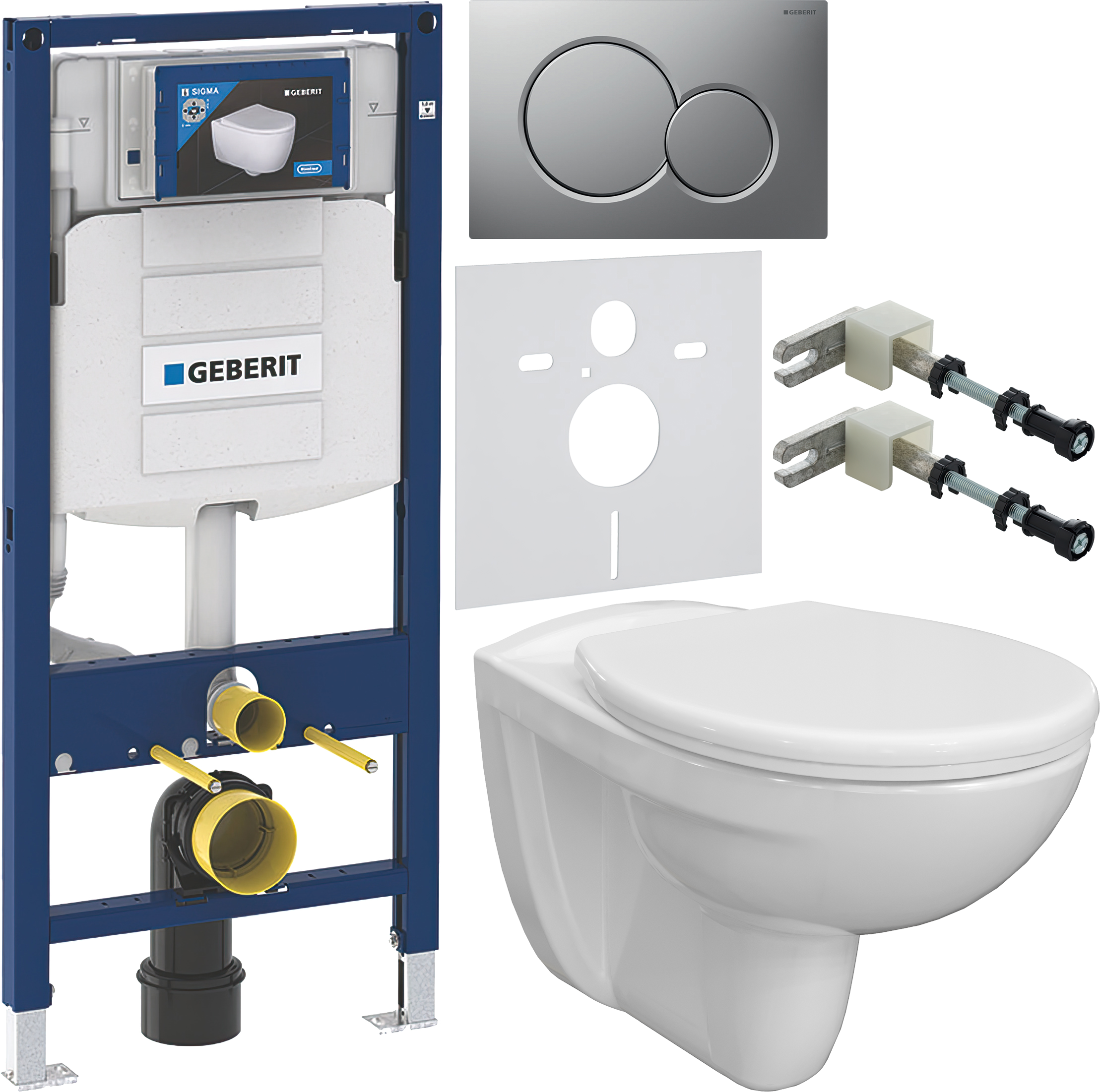 Комплект 6 в 1 Унитаз подвесной DIWO Анапа безободковый + Сиденье 803-003-709 термопласт, с микролифтом + Крепления Geberit Duofix 111.815.00.1 к стене + Звукоизоляция 156.050.00.1 + Инсталляция UP 320 111.300.00.5 (111.950.00.6) + Кнопка Sigma 01 115.770