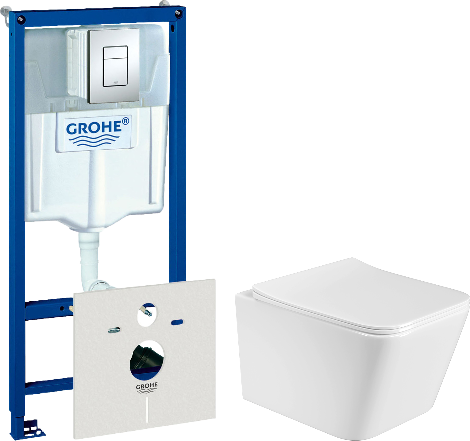 Комплект  Унитаз подвесной BOND Cube F04-10 безободковый, с микролифтом, белый + Система инсталляции для унитазов Grohe Rapid SL 38772001, 3 в 1 с кно