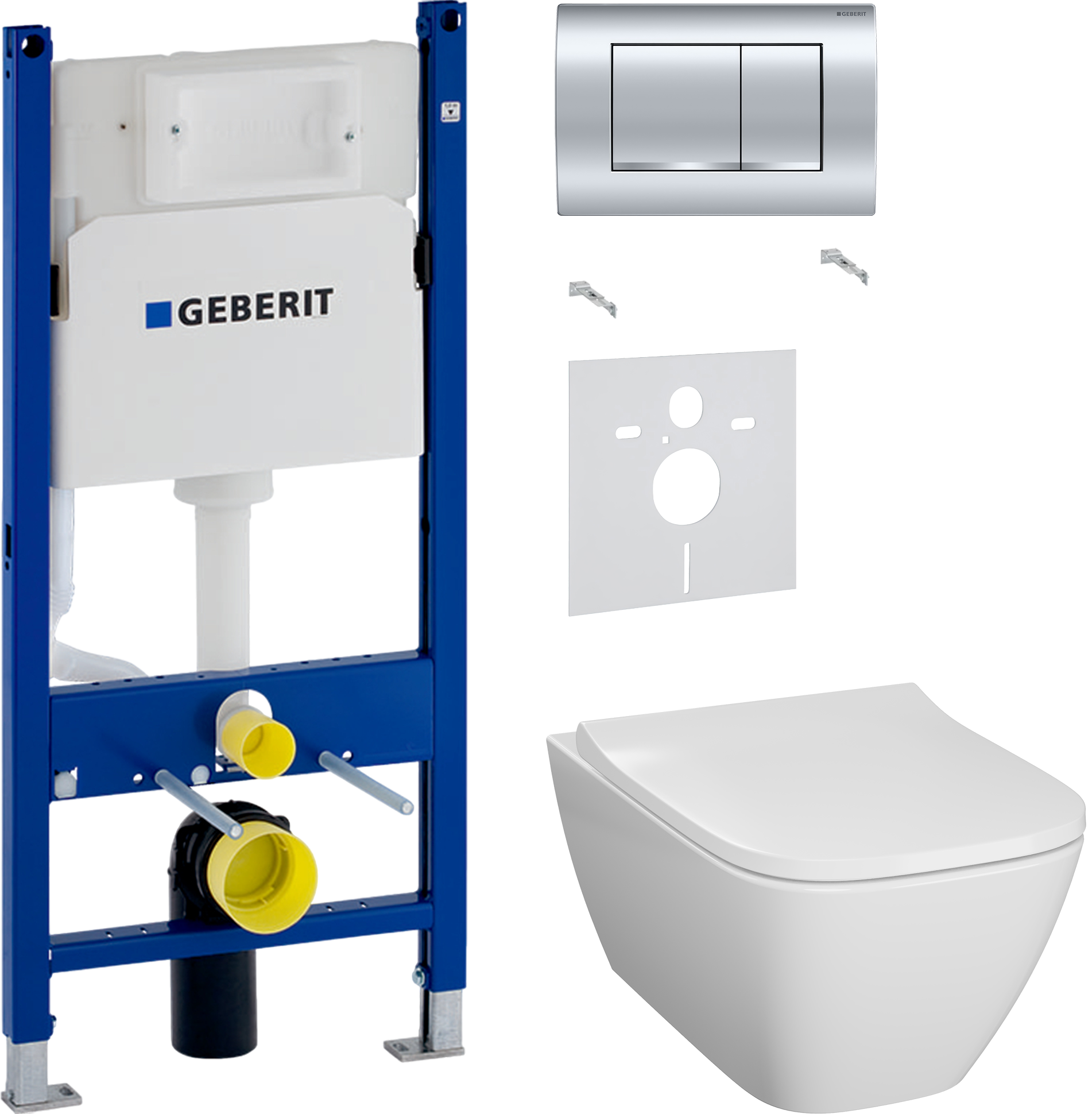Комплект 3 в 1 Унитаз подвесной Geberit Smyle Square 500.683.01.1 + Звукоизоляция 156.050.00.1 + Инсталляция с кнопкой Duofix Delta 458.163.21.1 цвет хром
