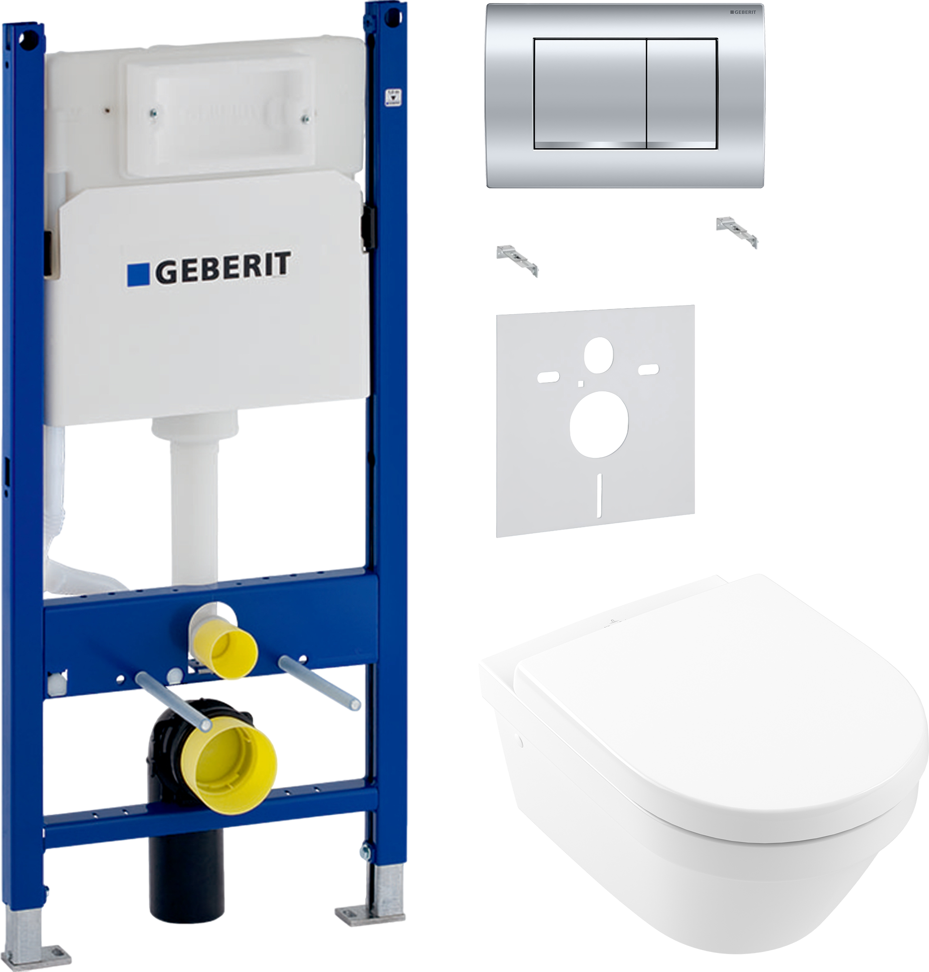 Комплект 3 в 1 Унитаз подвесной Villeroy & Boch Architectura 4694HR01 + Звукоизоляция Geberit 156.050.00.1 + Инсталляция с кнопкой Duofix Delta 458.163.21.1 цвет хром