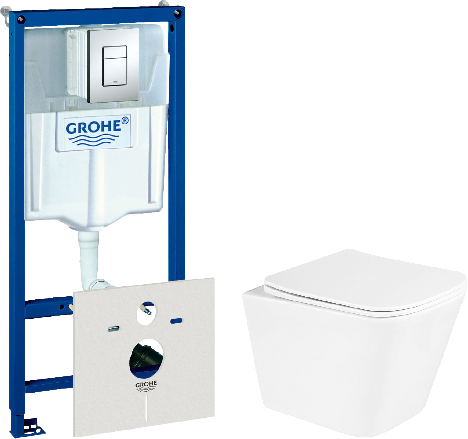 Комплект Унитаз подвесной BelBagno Due BB3103CHR/SC + Инсталляция Grohe Rapid SL 38772001 3 в 1 с кнопкой смыва + Шумоизоляция 37131000