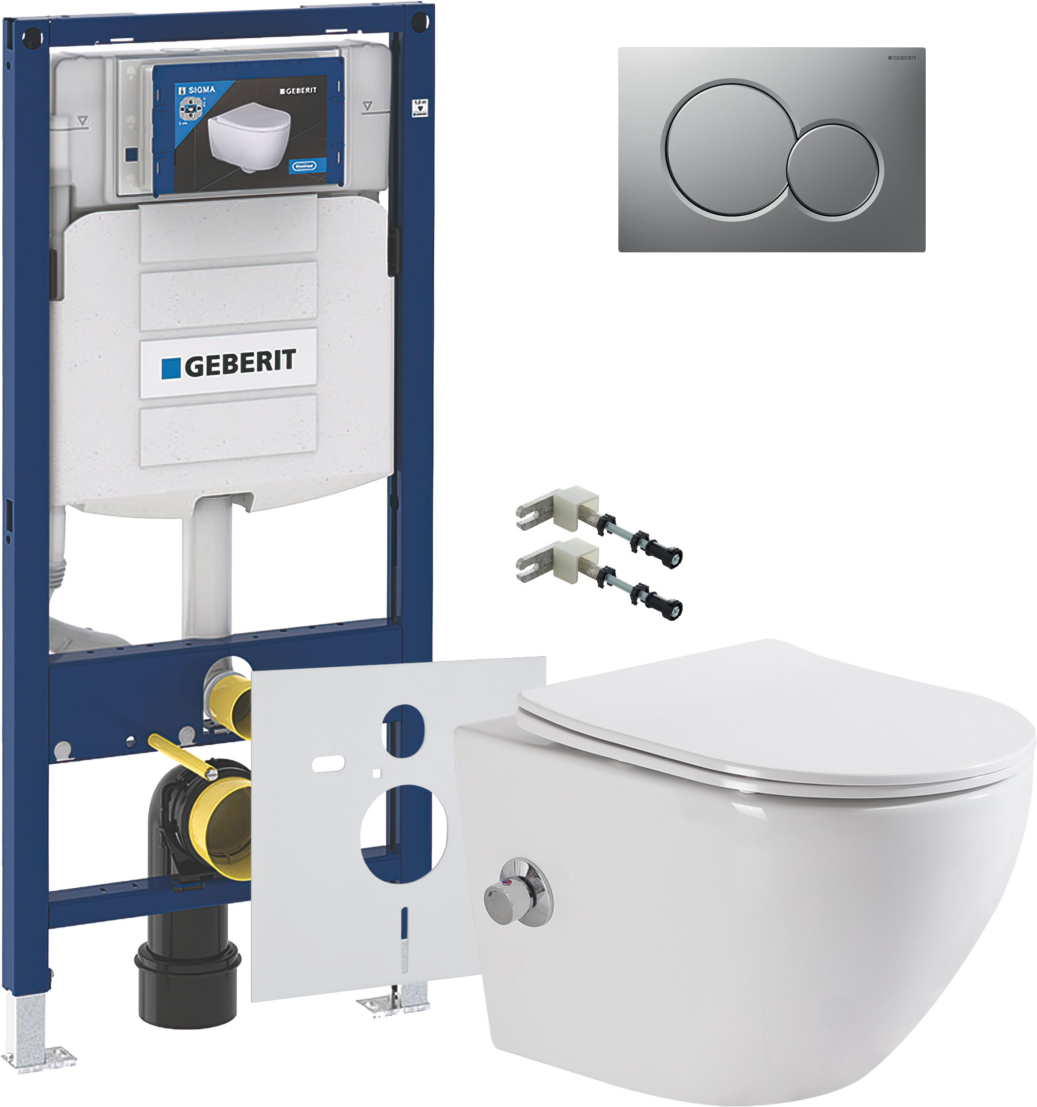 Комплект 5 в 1 Унитаз подвесной BelBagno Uno BB3105CHR-BS/SC + Крепления Geberit Duofix 111.815.00.1 к стене + Звукоизоляция 156.050.00.1 + Инсталляция UP 320 111.300.00.5 (111.950.00.6) + Кнопка Sigma 01 115.770.JQ.5 цвет матовый хром