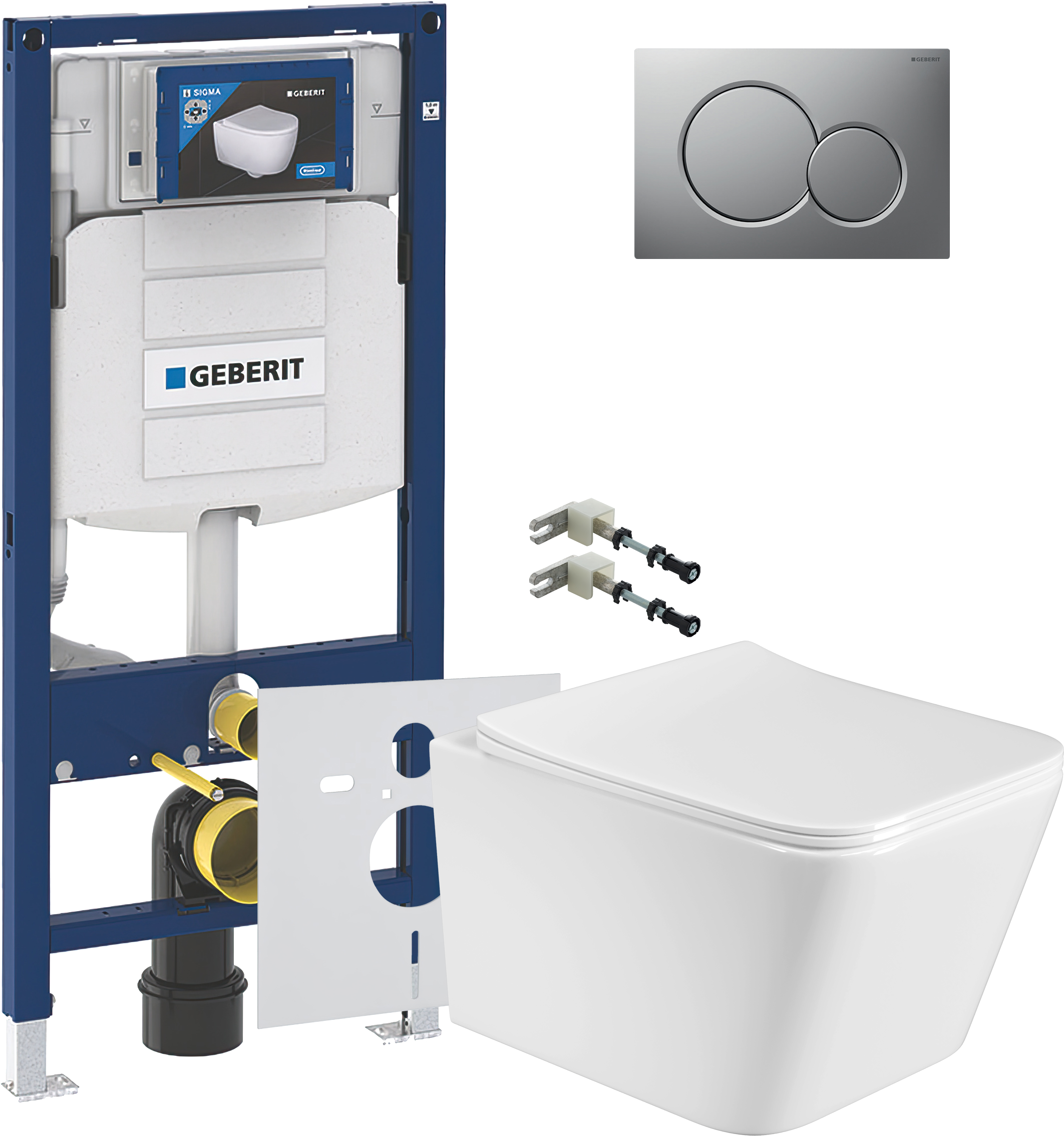 Комплект 5 в 1 Унитаз подвесной BOND Cube F04-10 + Крепления Geberit Duofix 111.815.00.1 к стене + Звукоизоляция 156.050.00.1 + Инсталляция UP 320 111.300.00.5 (111.950.00.6) + Кнопка Sigma 01 115.770.JQ.5 цвет матовый хром