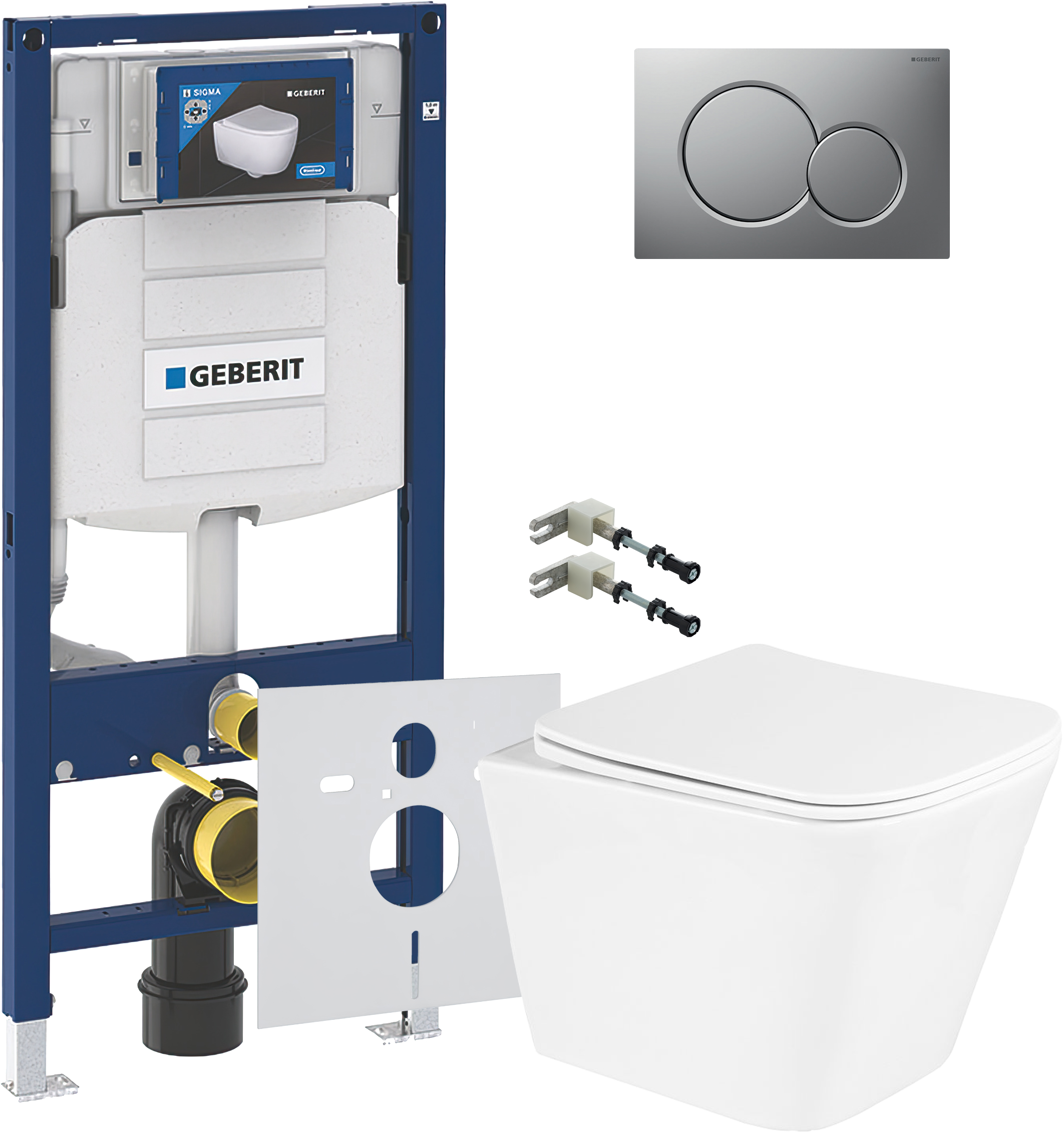 Комплект 5 в 1 Унитаз подвесной BelBagno Due BB3103CHR/SC + Крепления Geberit Duofix 111.815.00.1 к стене + Звукоизоляция 156.050.00.1 + Инсталляция UP 320 111.300.00.5 (111.950.00.6) + Кнопка Sigma 01 115.770.JQ.5 цвет матовый хром